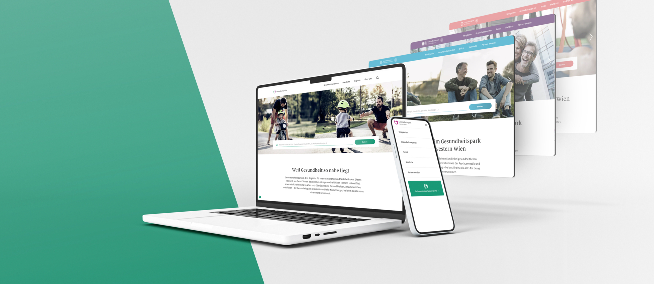 Laptop und Smartphone zeigen die verschieden gefärbten Websites des Gesundheitsparks.