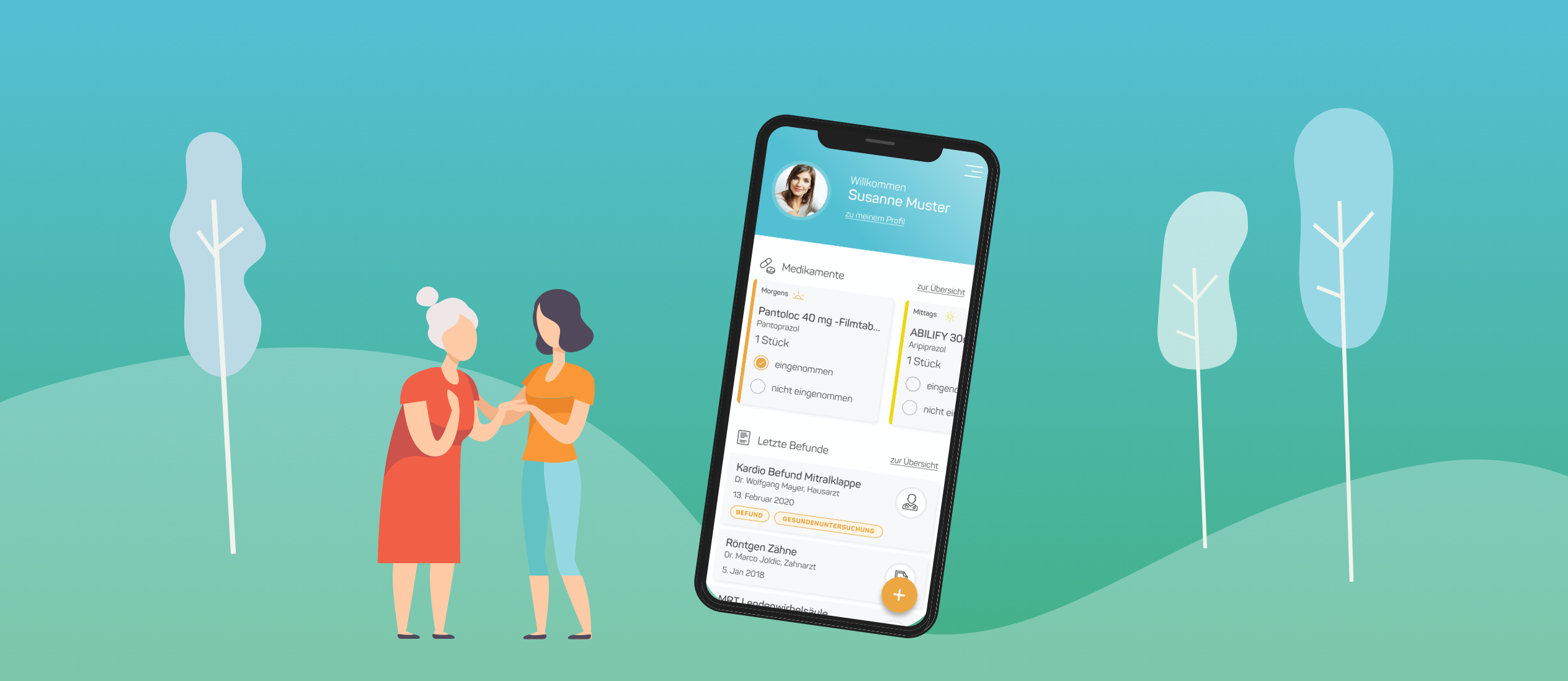 Illustration mit zwei Frauen und Smartphone, das die Vivellio-App mit Medikamenten und Befunden zeigt.