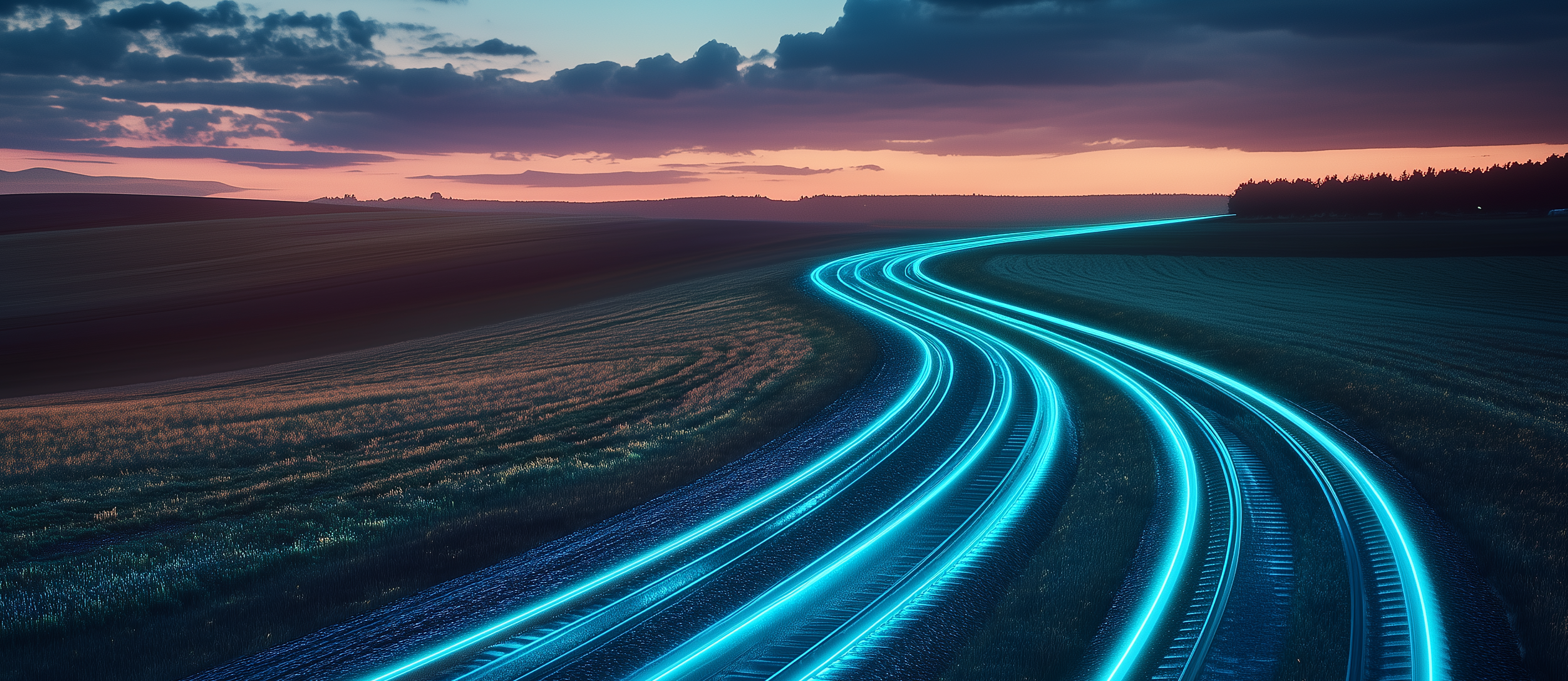 Digital leuchtende Bahngleise führen durch eine Landschaft bei Sonnenuntergang, symbolisieren Fortschritt und Technologie.