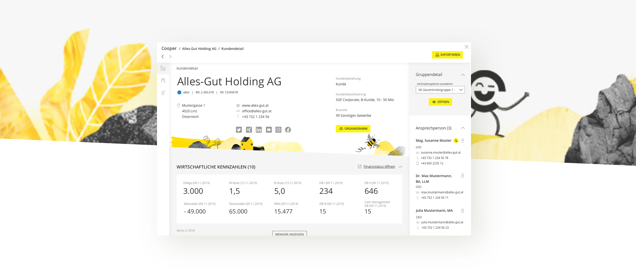 Kundendetailseite im Raiffeisen CRM „Cooper“ mit Daten der Alles-Gut Holding AG, Kontakten und Kennzahlen.