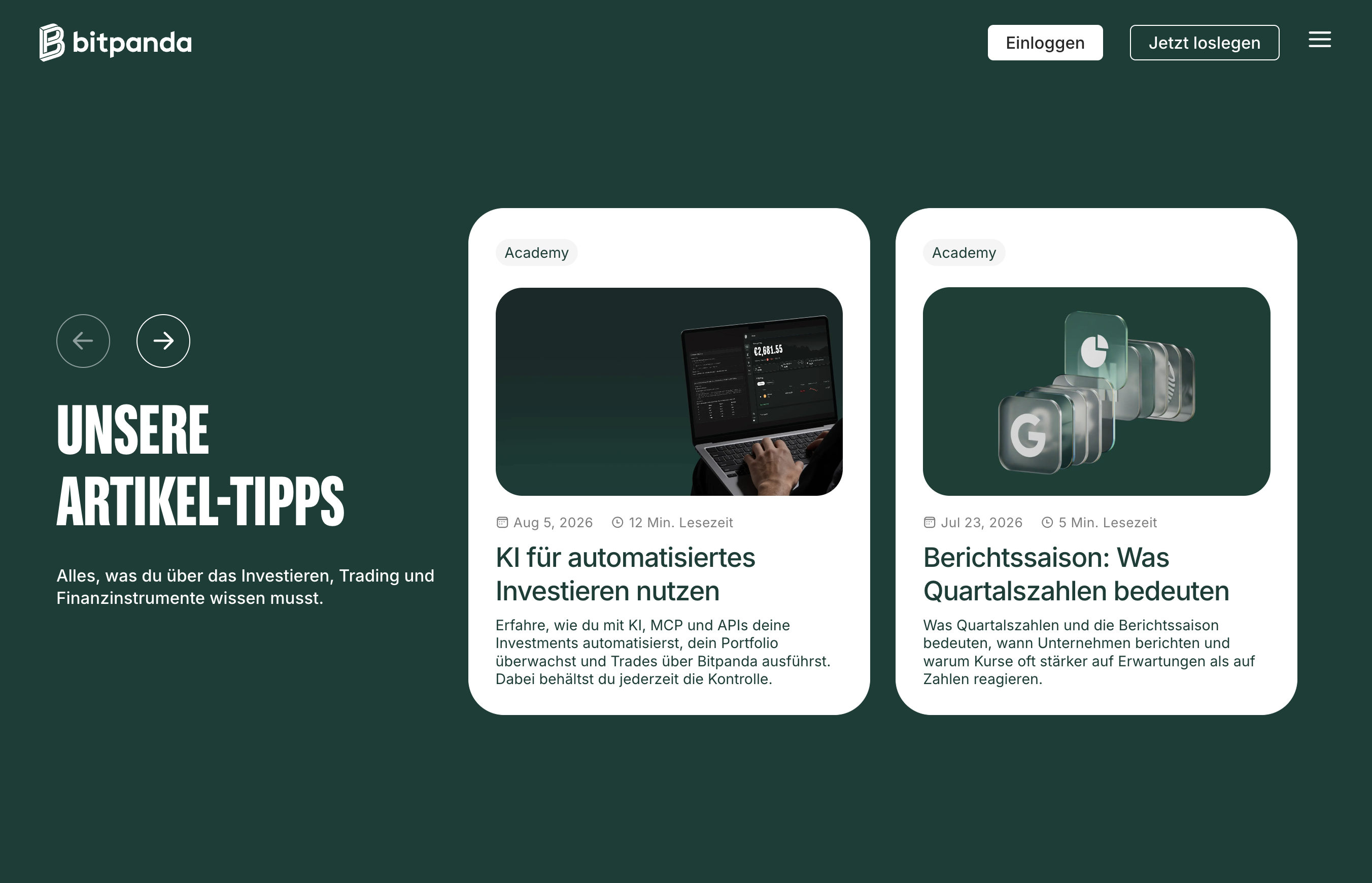 Bitpanda-Website mit zwei Artikeln: "KI für automatisiertes Investieren nutzen" und "Berichtsaison: Was Quartalszahlen bedeuten".