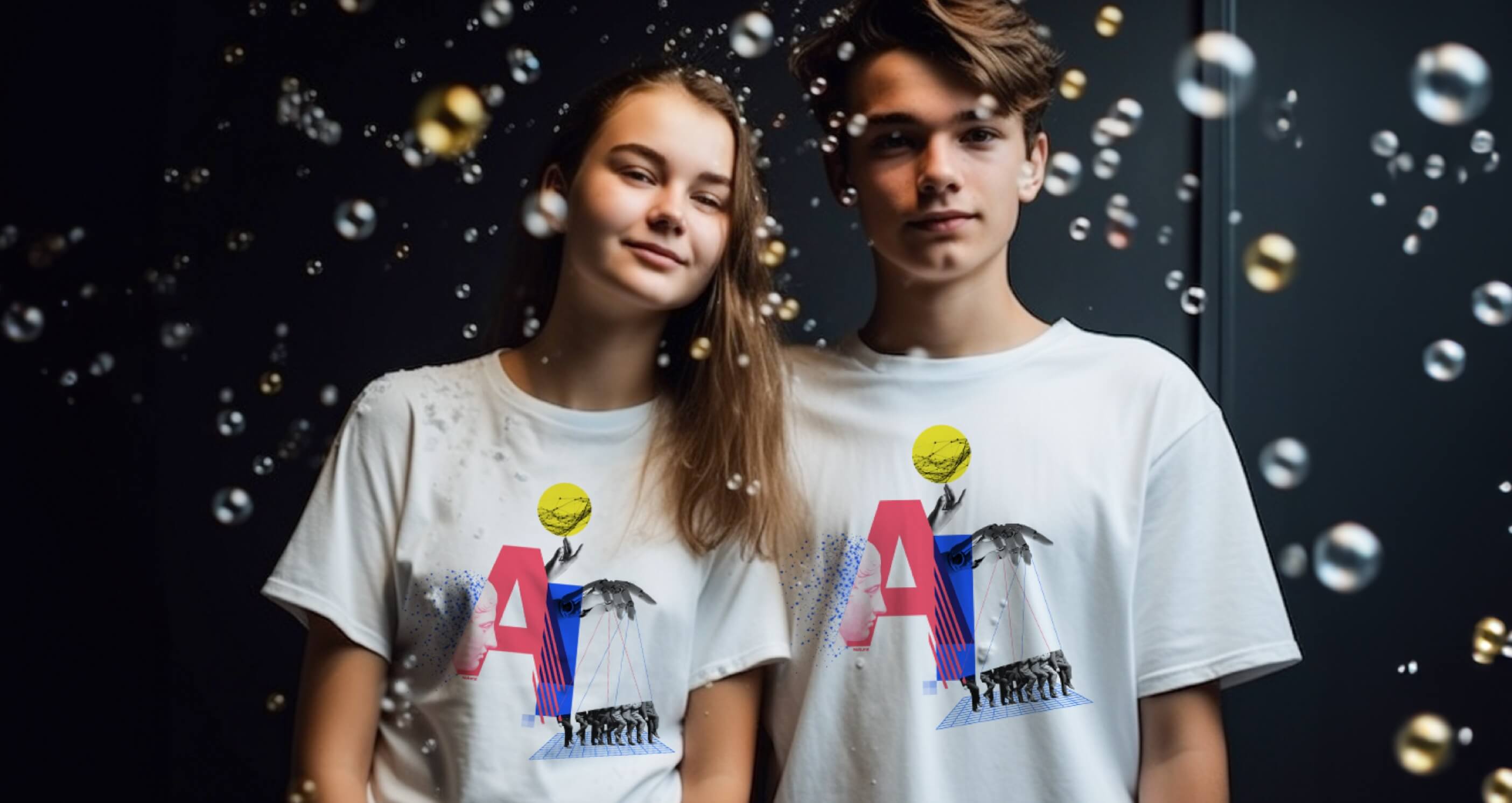 Ein Mädchen und ein Junge mit weißen AI-T-Shirts, umgeben von Seifenblasen vor schwarzem Hintergrund.