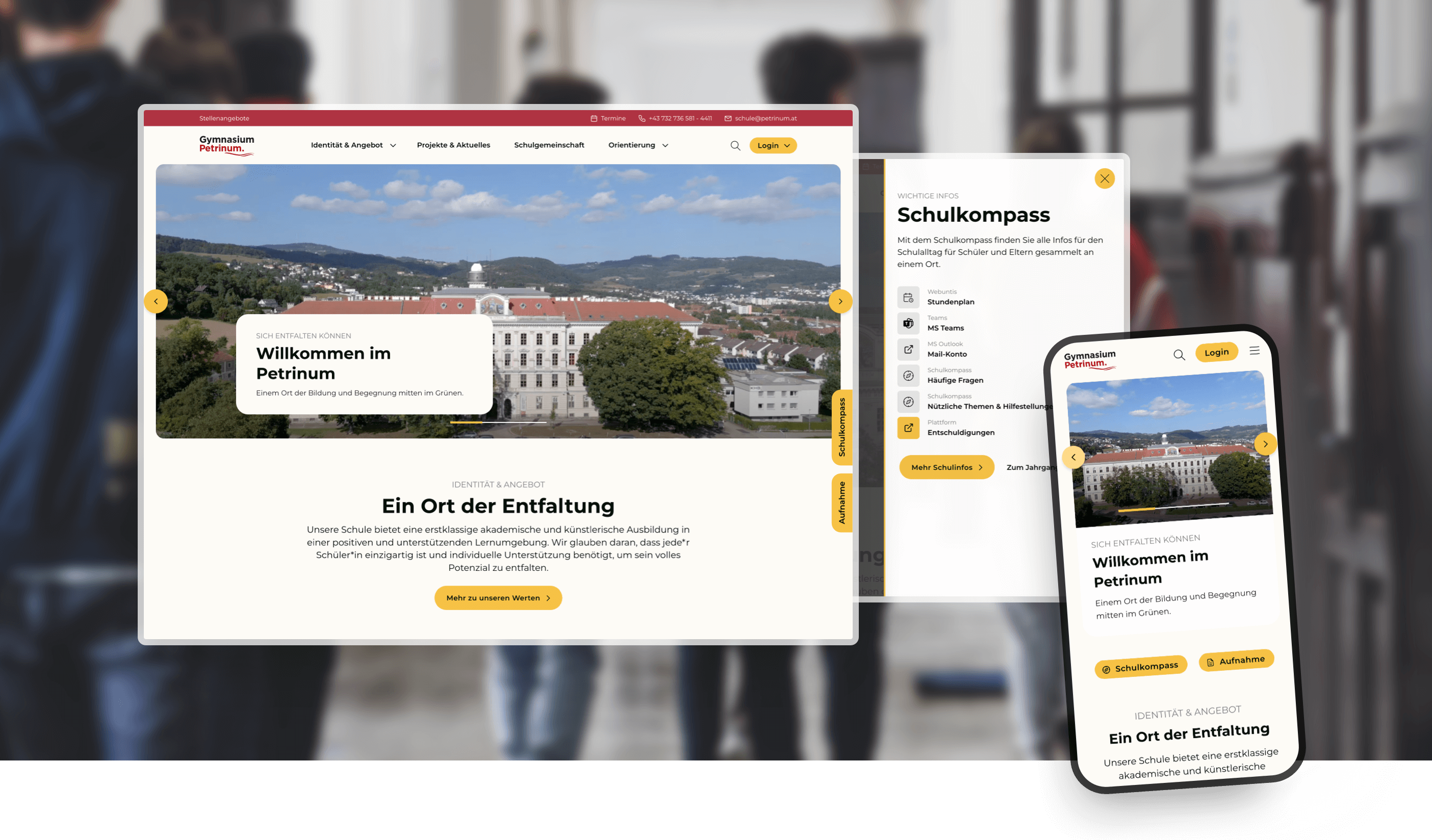 Website des Gymnasium Petrinum Linz auf Desktop, Tablet und Smartphone mit Begrüßung und Infos im Schulkompass.