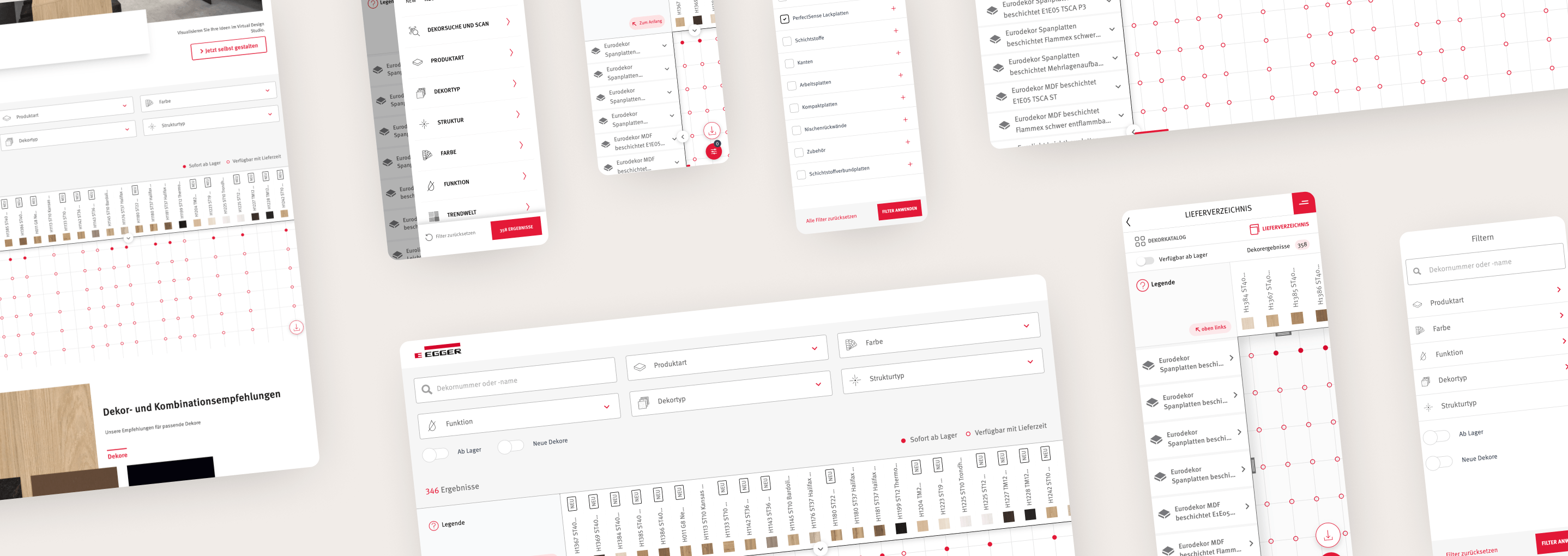 Digitale Benutzeroberflächen eines Dekor- und Lieferverzeichnisses mit Filter-, Vergleichs- und Farbauswahlfunktionen.