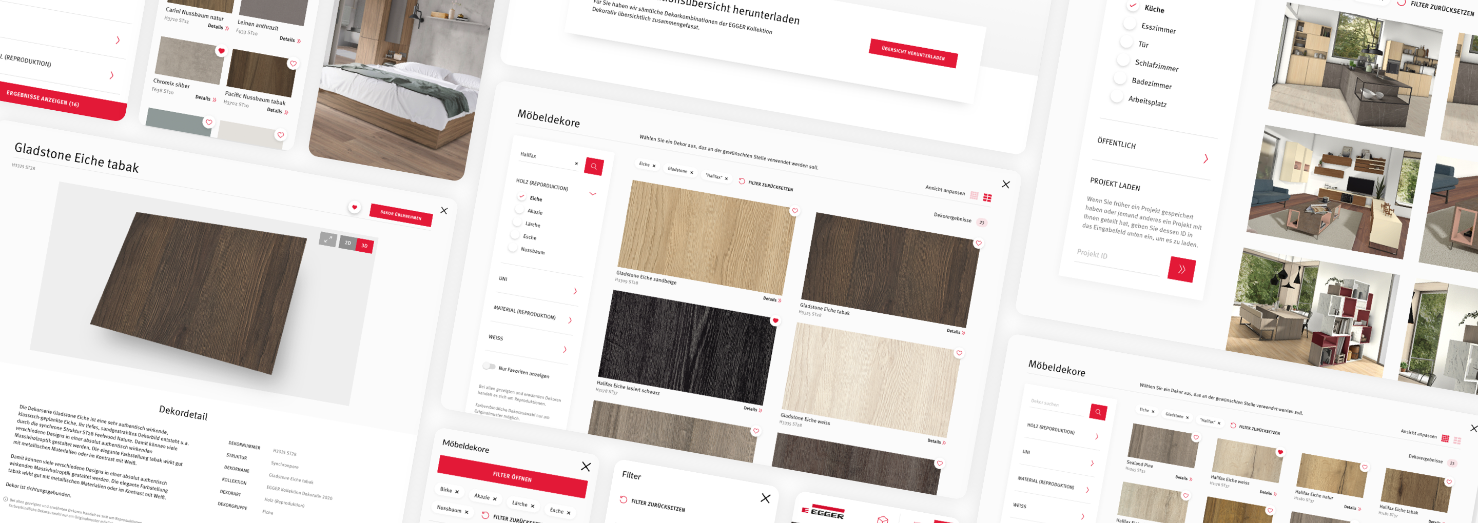 Verschiedene Screens des EGGER Design Studios mit Dekorauswahl, Filteroptionen und Raumvisualisierung.