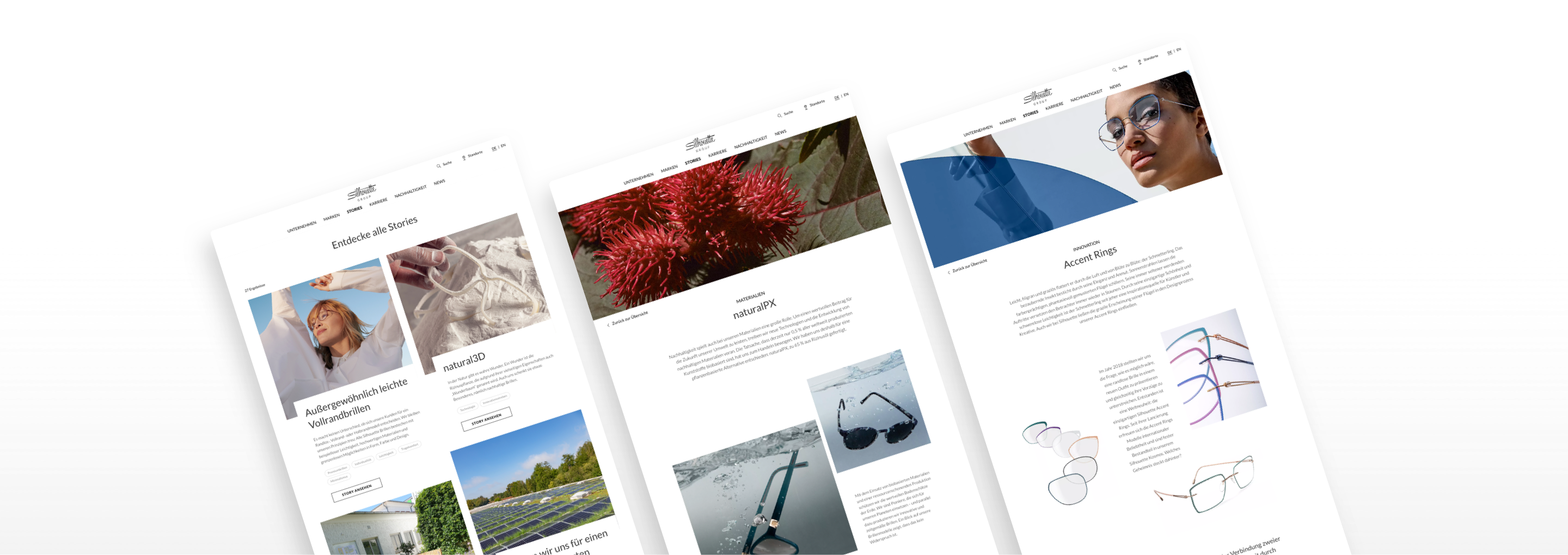 Drei Detailseiten zu Stories der Corporate Website, mit hellem und luftigem Design.