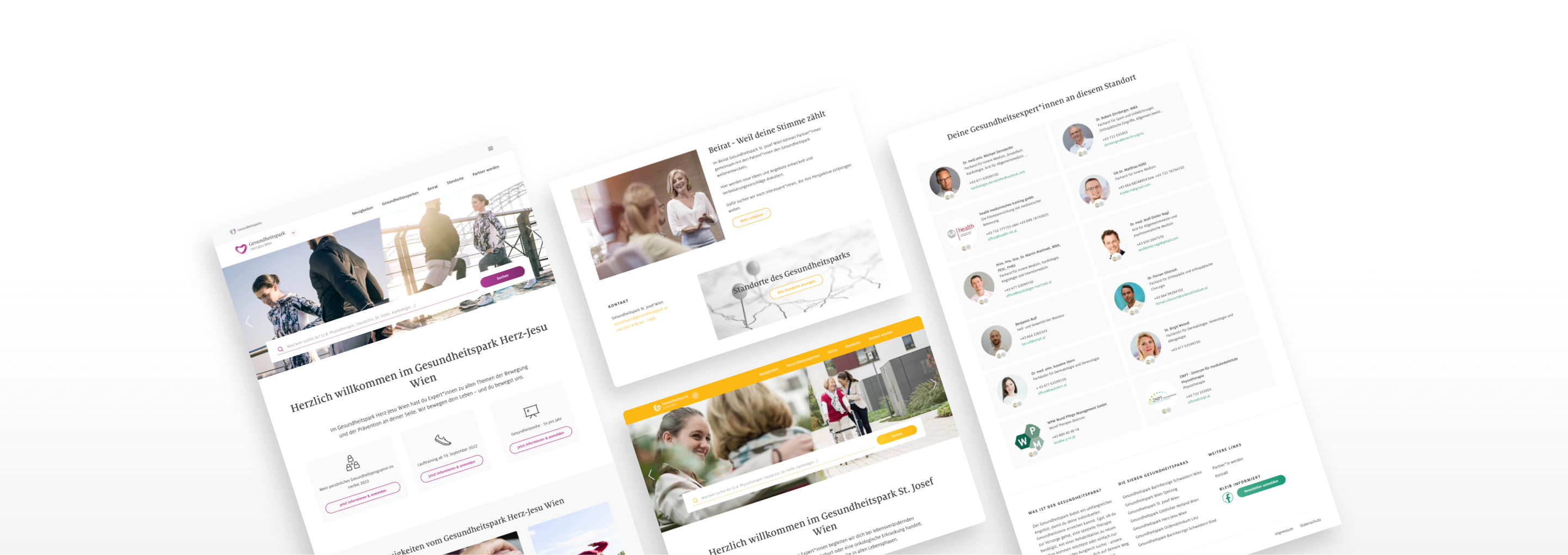 Collage aus mehreren Bereichen der verschiedenen Gesundheitspark Websites.