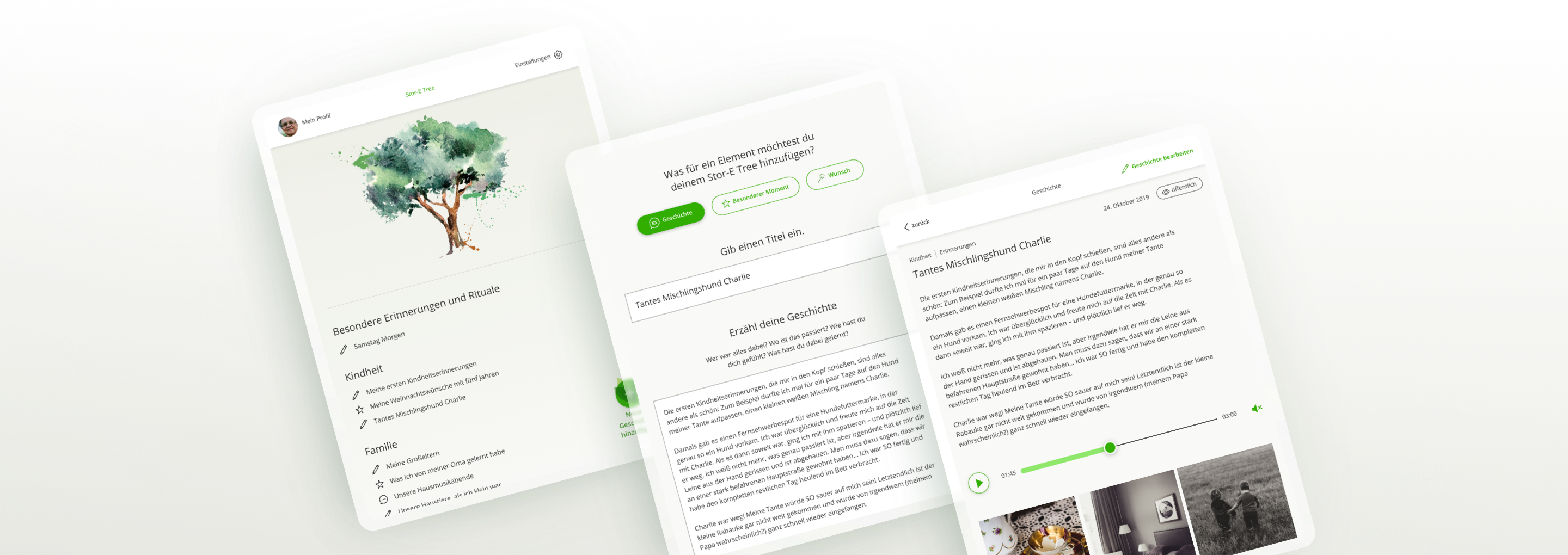 Drei Tabletansichten der E-Health-App zum Speichern persönlicher Geschichten mit Text-, Audio- und Bildinhalten.