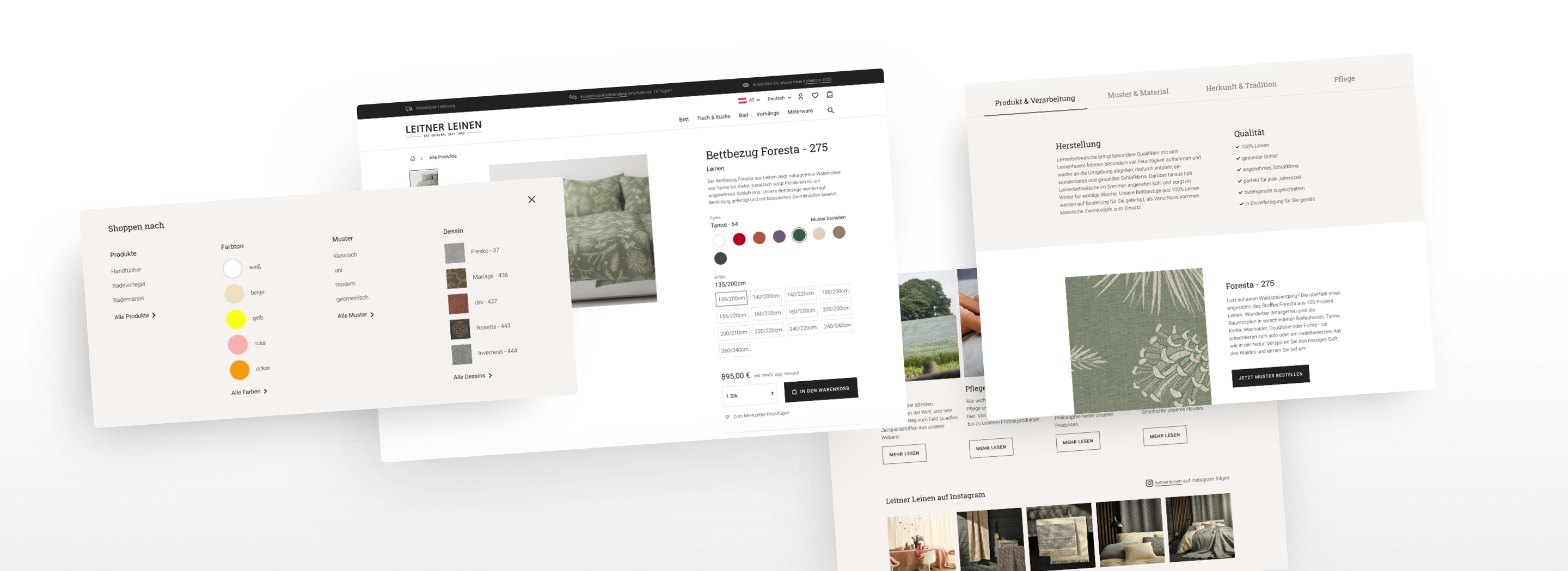 Collage mit verschiedenen Abschnitten der Produktdetailseite.