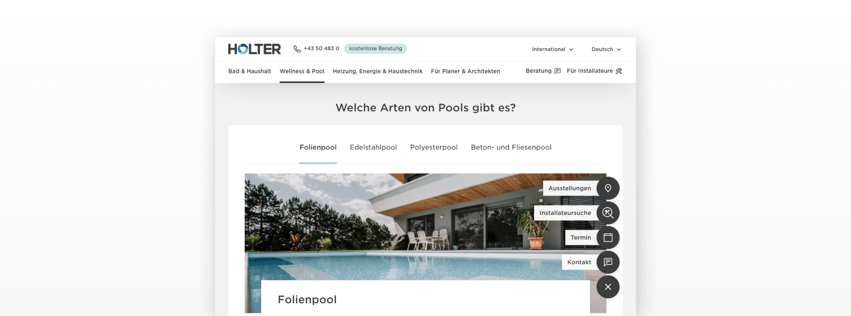 Auszug einer Produktübersichtsseite, hier abgebildet sind verschiedene Arten von Pools.