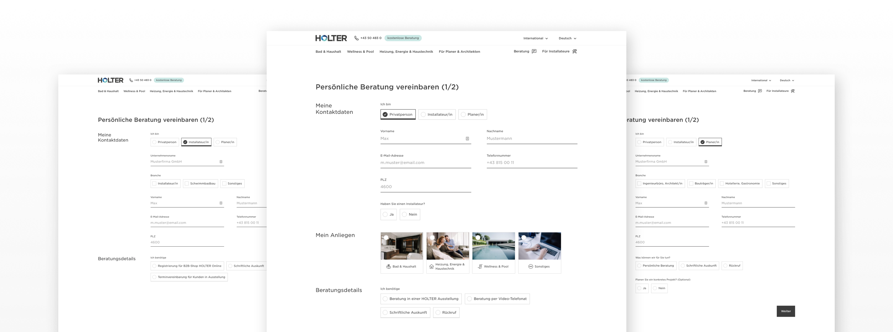 Drei Screens mit dem Kontaktformular, welches bei dem ersten Schritt der Terminvereinbarung auszufüllen ist.