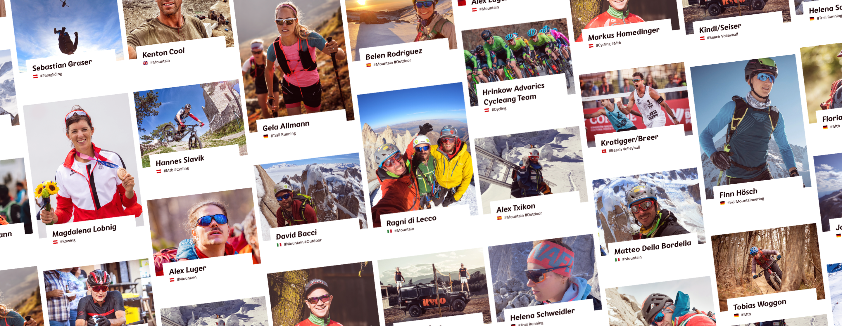 Collage aus Porträts und Actionfotos der Athlet:innen verschiedener Disziplinen, jeweils mit Namen und Sportart.