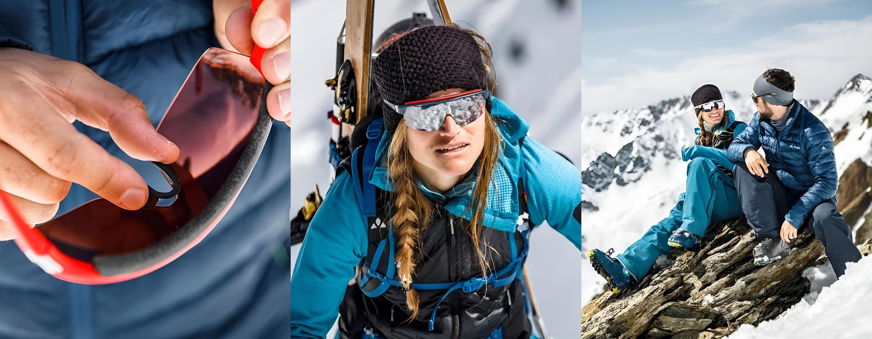 Collage aus drei Bildern, jedes Bild zeigt eine evil eye Sportbrille im Einsatz.