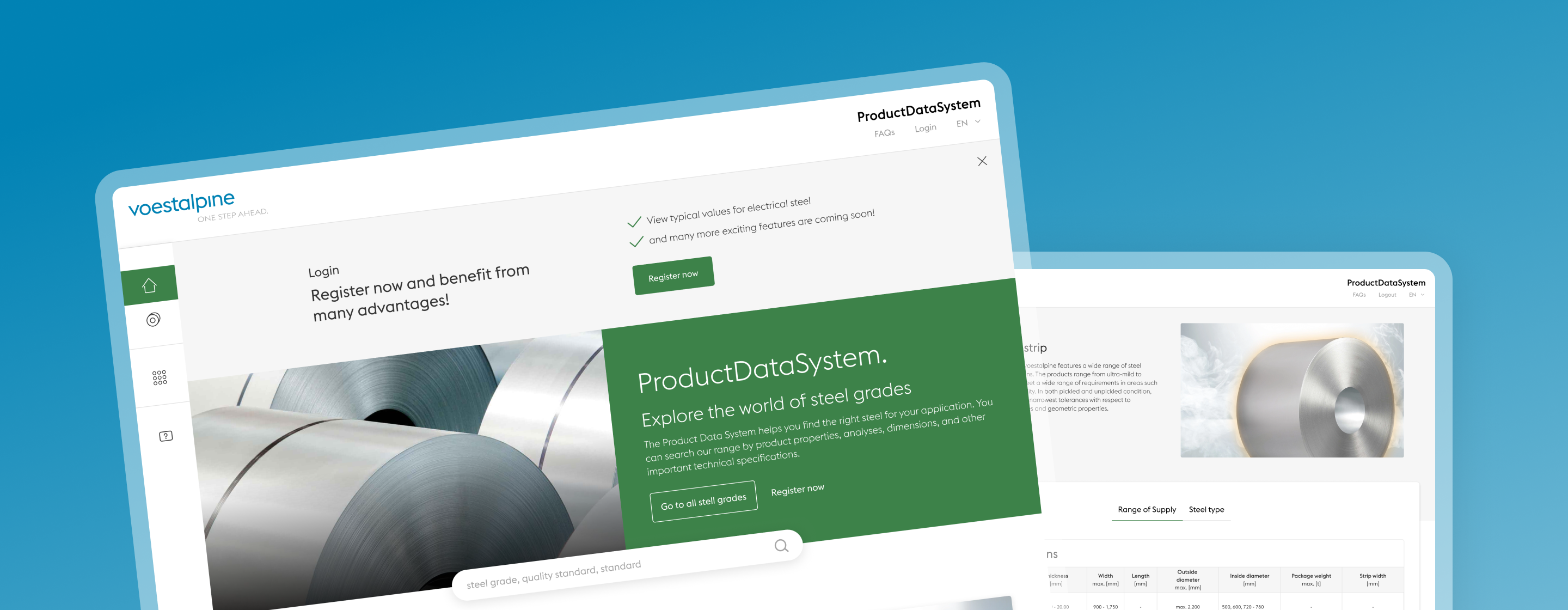 Benutzeroberfläche des Product Data System mit Login-Bereich, Bild von Stahlcoils und Navigationselementen auf blauem Hintergrund.