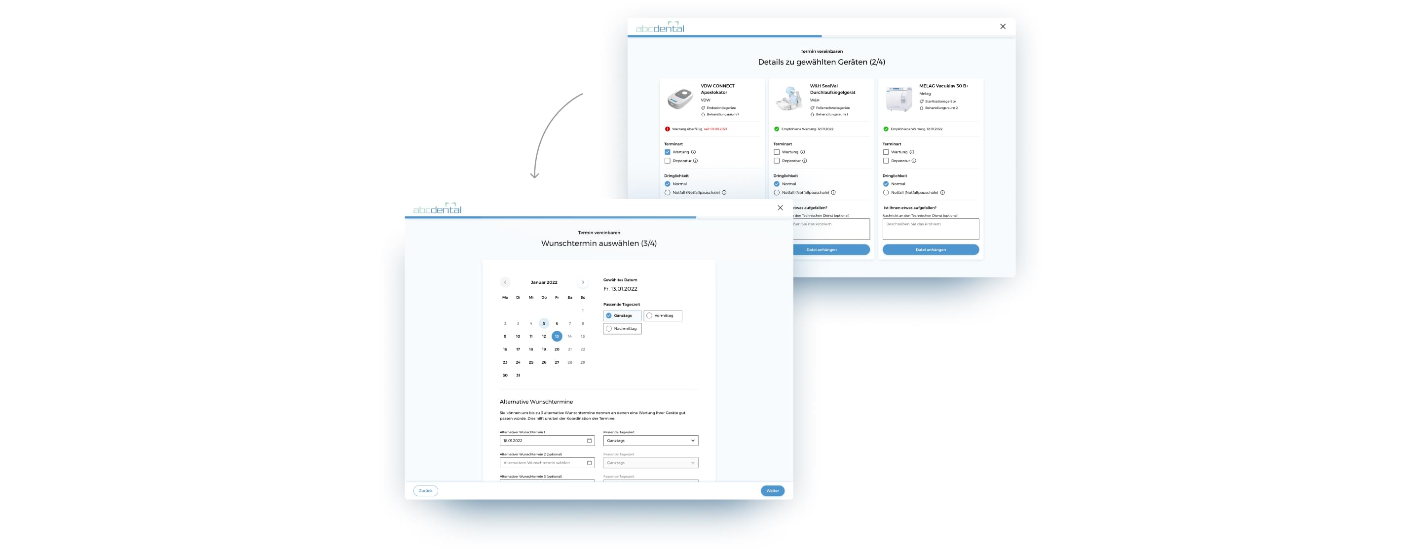 Die Terminvereinbarung, Ansicht von Schritt 2 mit den ausgewählten Geräten und Schritt 3 mit dem Kalender.