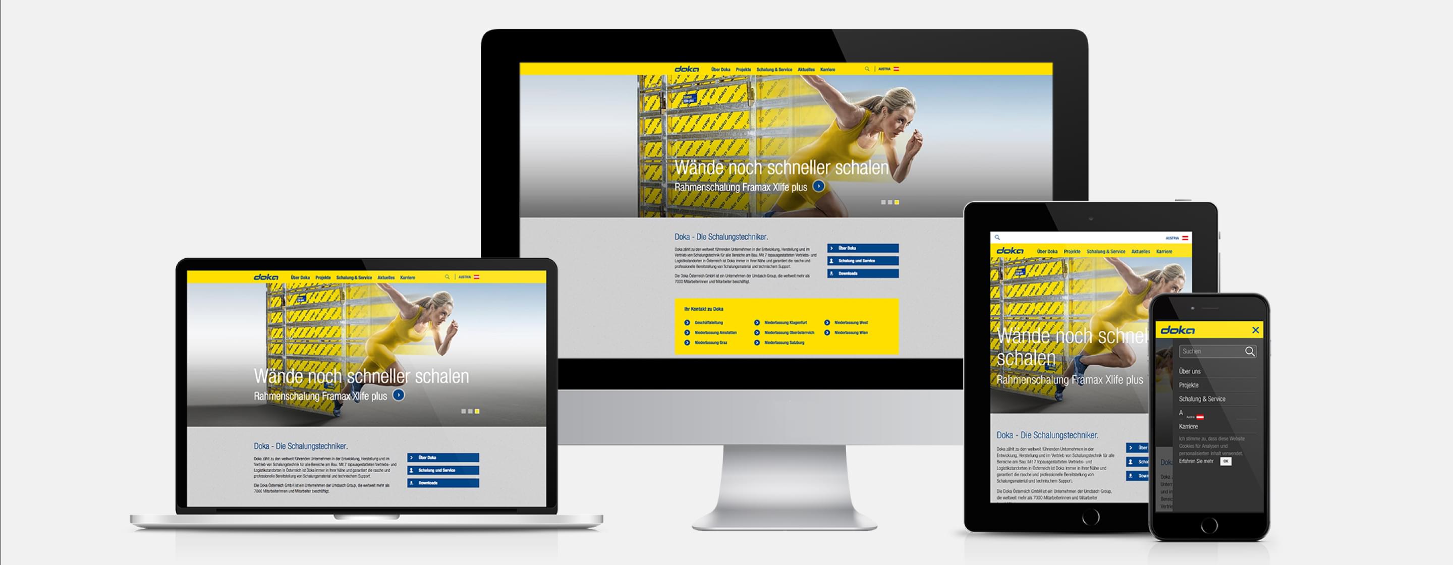 Doka-Website mit gelbem Design auf Desktop, Laptop, Tablet und Smartphone – responsiv dargestellt.