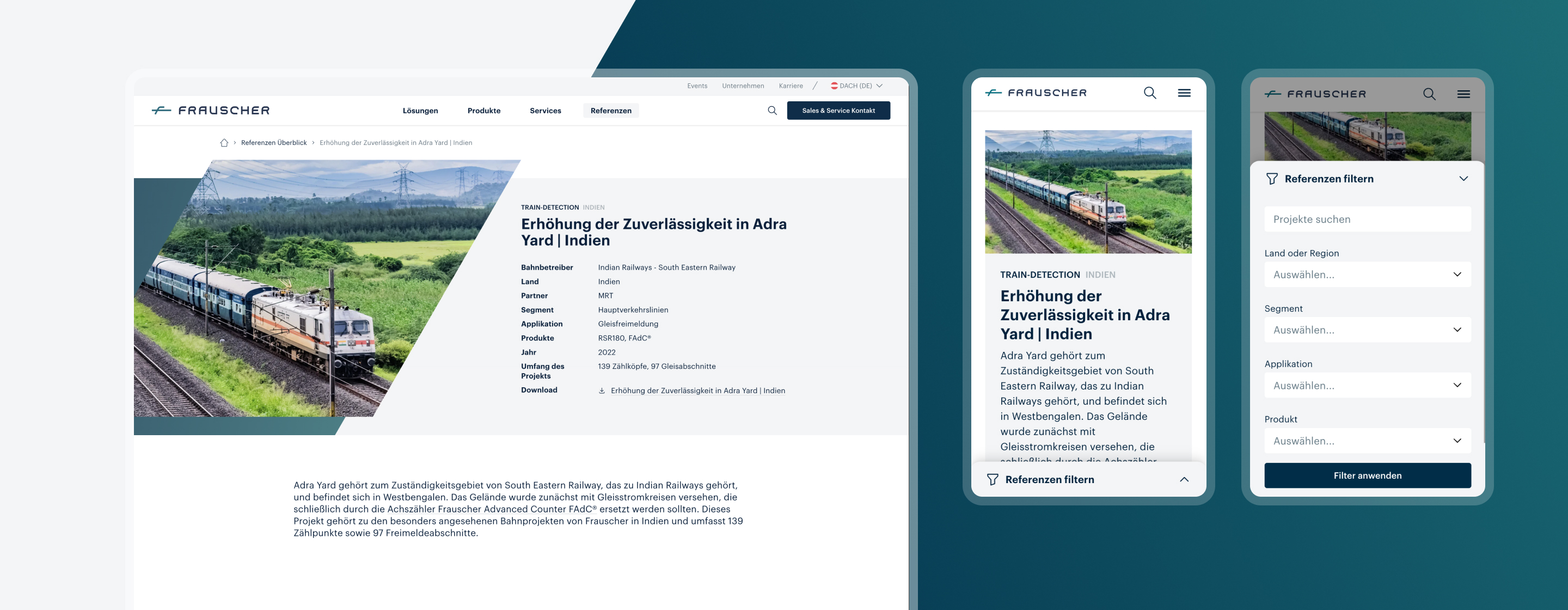 Desktop- und Smartphone-Ansicht einer Referenzseite von Frauscher über Zugerkennung in Adra Yard, Indien.