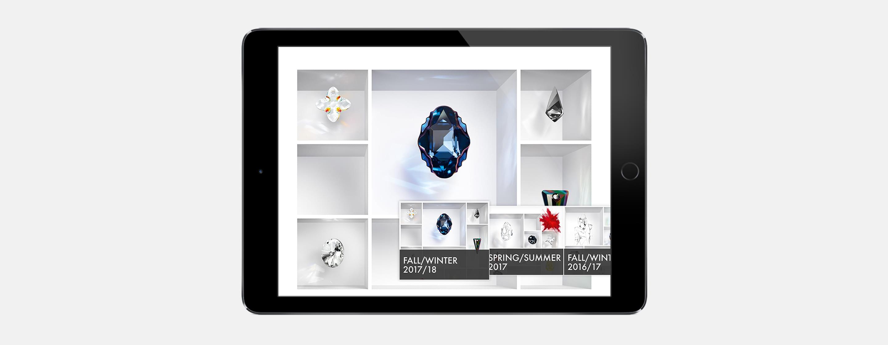 Tabletansicht mit Kristallübersicht aus verschiedenen Swarovski Kollektionen, hervorgehoben ist Fall/Winter 2017/18.