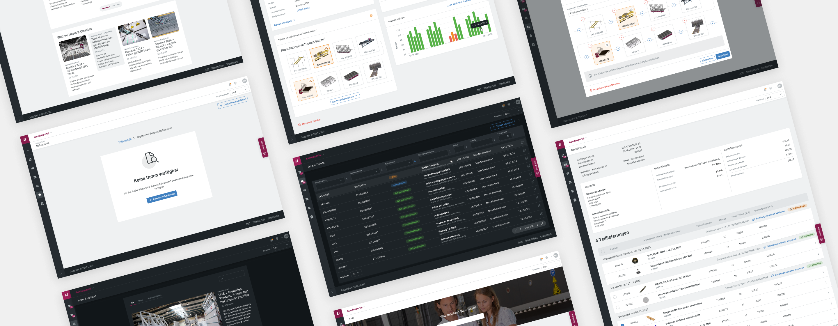 Kollage von verschiedenen Funktionen der Benutzeroberfläche aus dem digitalen Kundenportal.