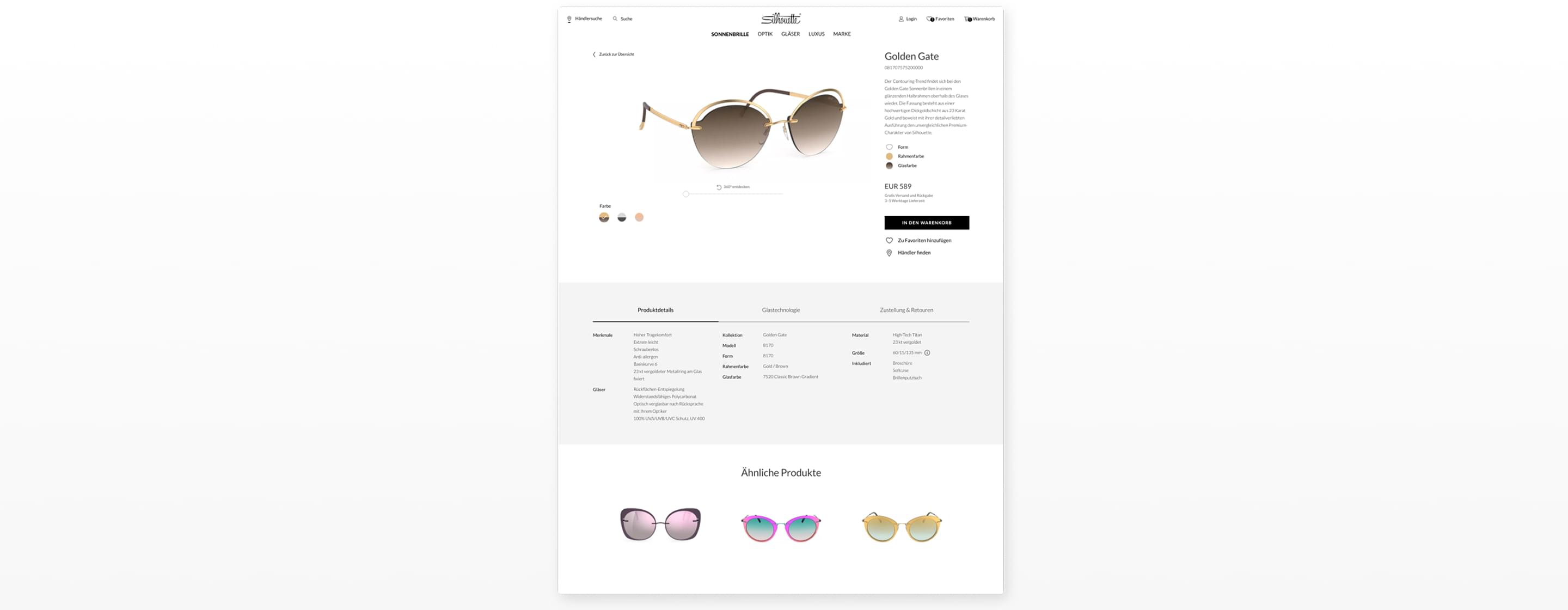 Screenshot der Produktdetailseite der Sonnenbrille "Golden Gate".