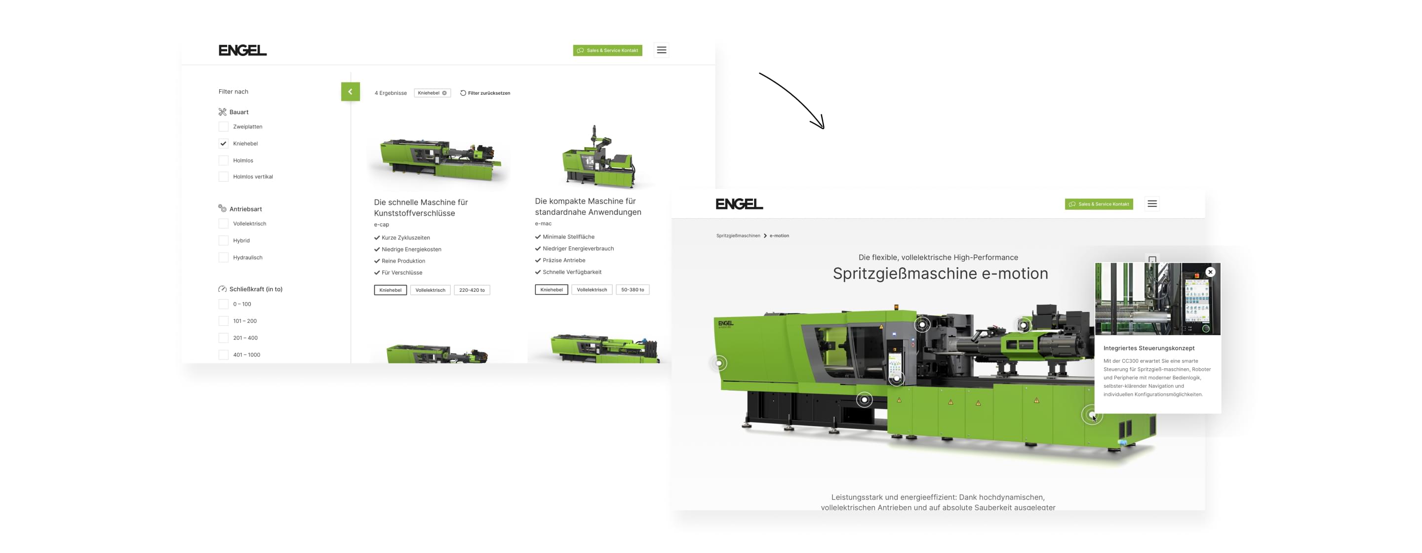 Links eine angeschnittene Ansicht der Produktübersicht, ein Pfeil zeigt rechts auf die angeschnittene Produktdetailseite.