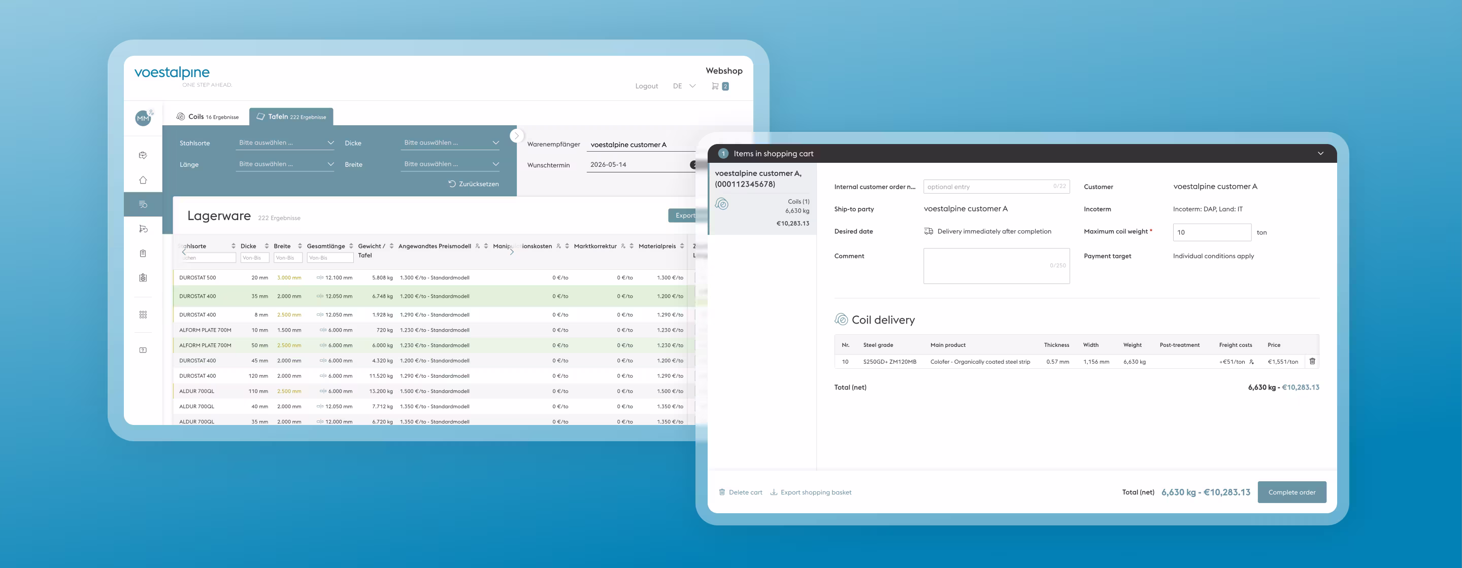 Two overlapping software interface windows on a blue background displaying logistics data and delivery details across various tables and input fields.
