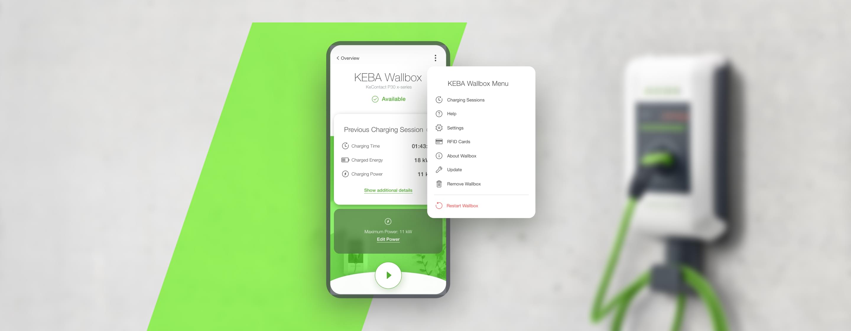 App-Interface der KEBA Wallbox mit Ladeinformationen und Menüoptionen, daneben eine Wallbox mit grünem Kabel an der Wand.
