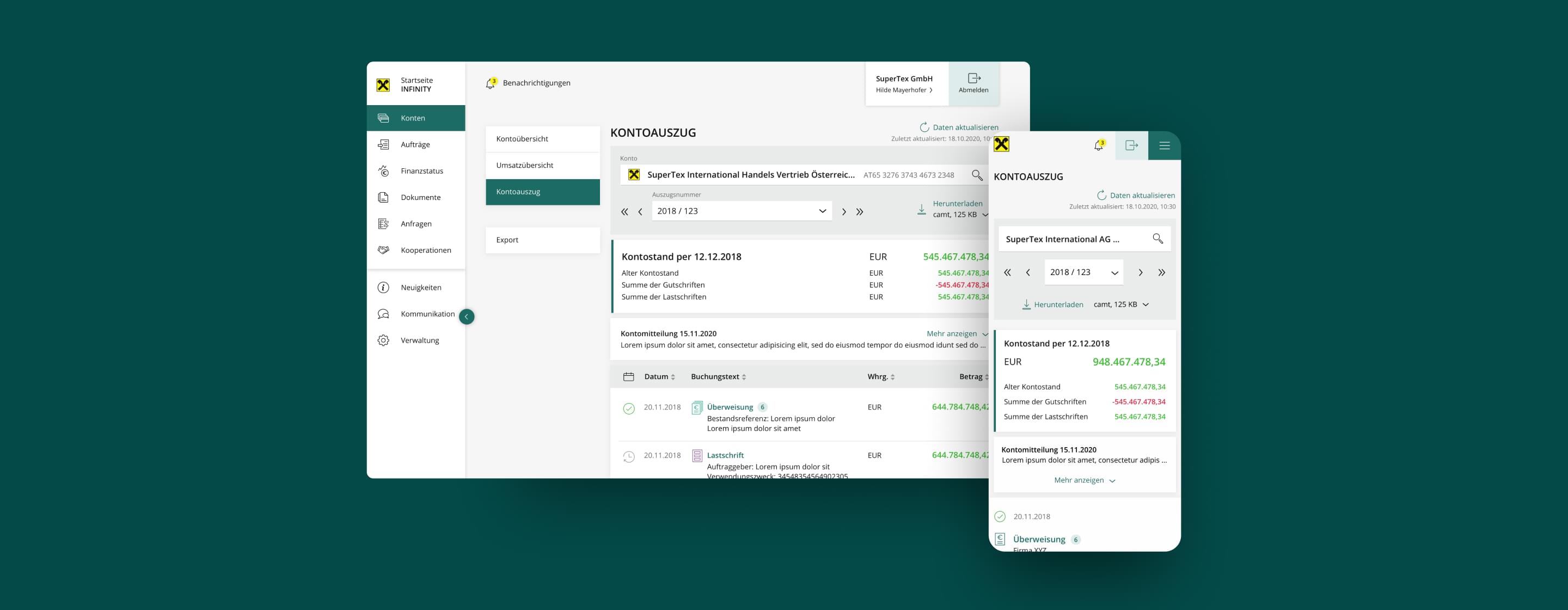 Desktop- und Mobile-Ansicht des modernen Business Bankingsystems mit Kontoauszug und Navigation.