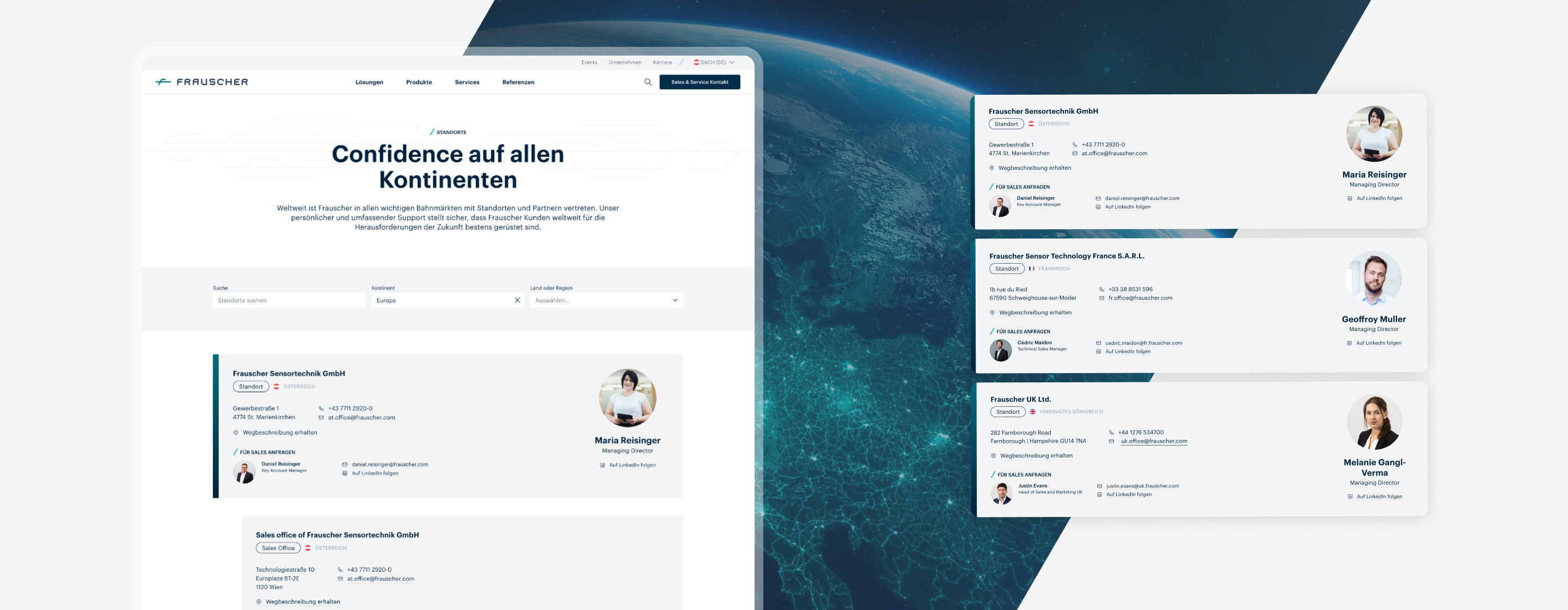Desktopansicht der Frauscher Standortseite mit globaler Übersicht und Kontaktinformationen zu internationalen Niederlassungen.