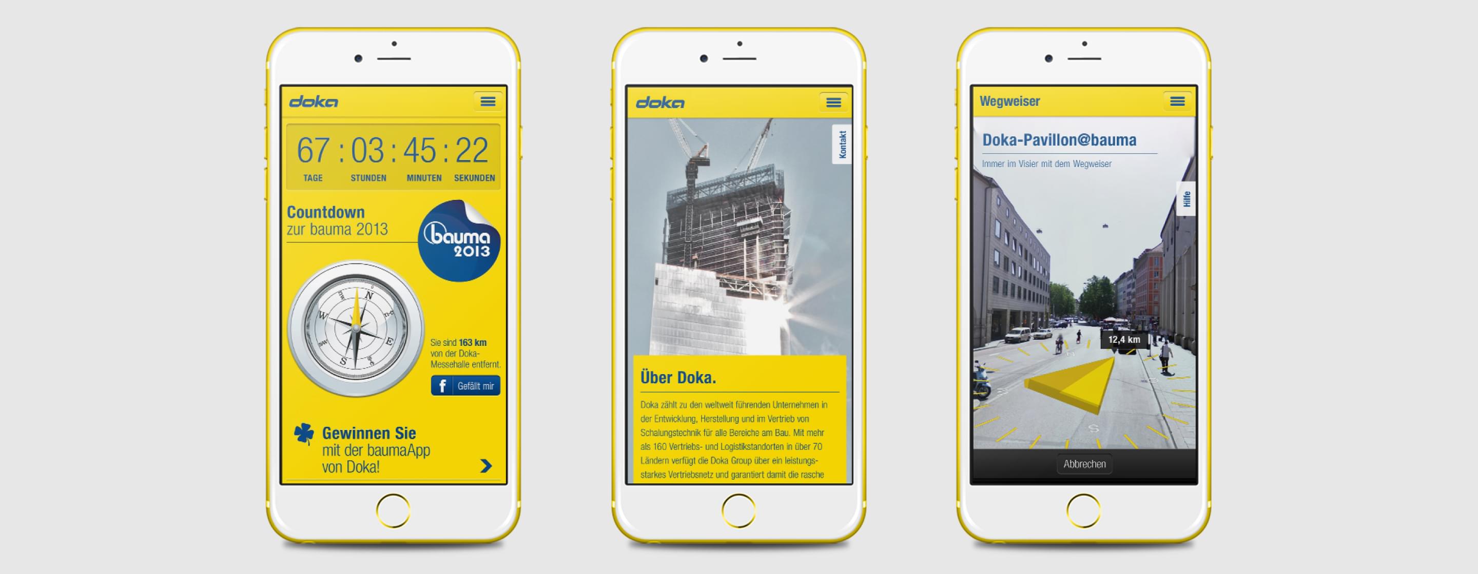 Drei iPhone-Mockups, die verschiedene Ansichten der Doka Bauma 2013 App zeigen. 