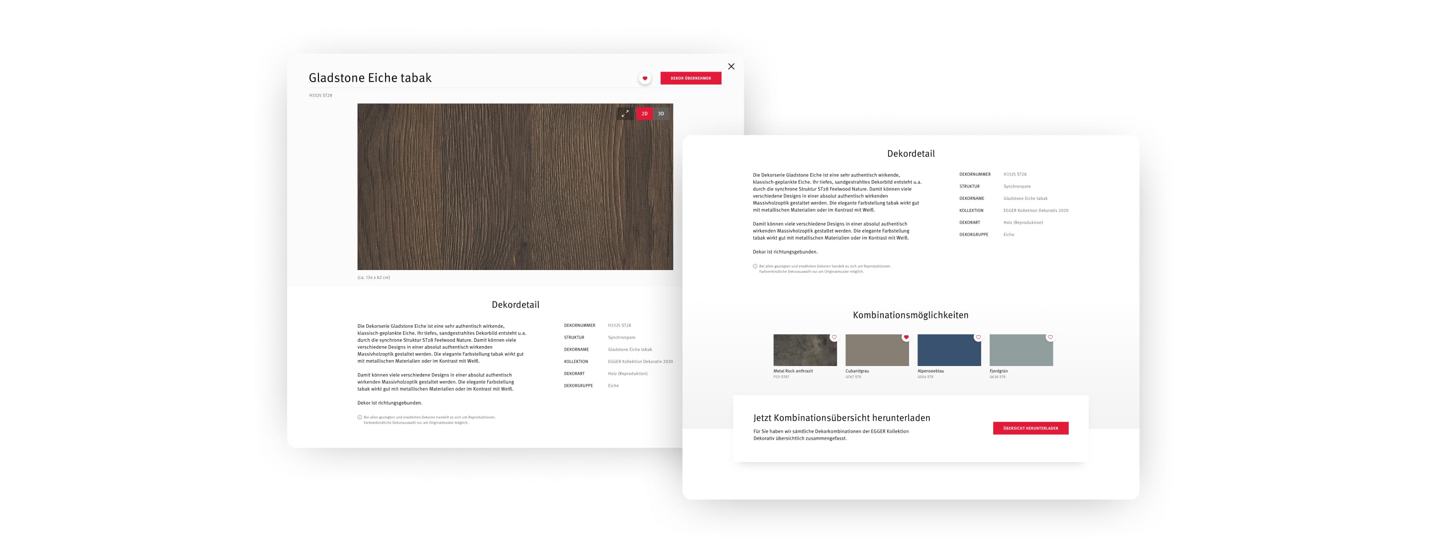 Detailansicht eines EGGER Dekors mit Materialbeschreibung, technischen Infos und passenden Farbkombinationen.