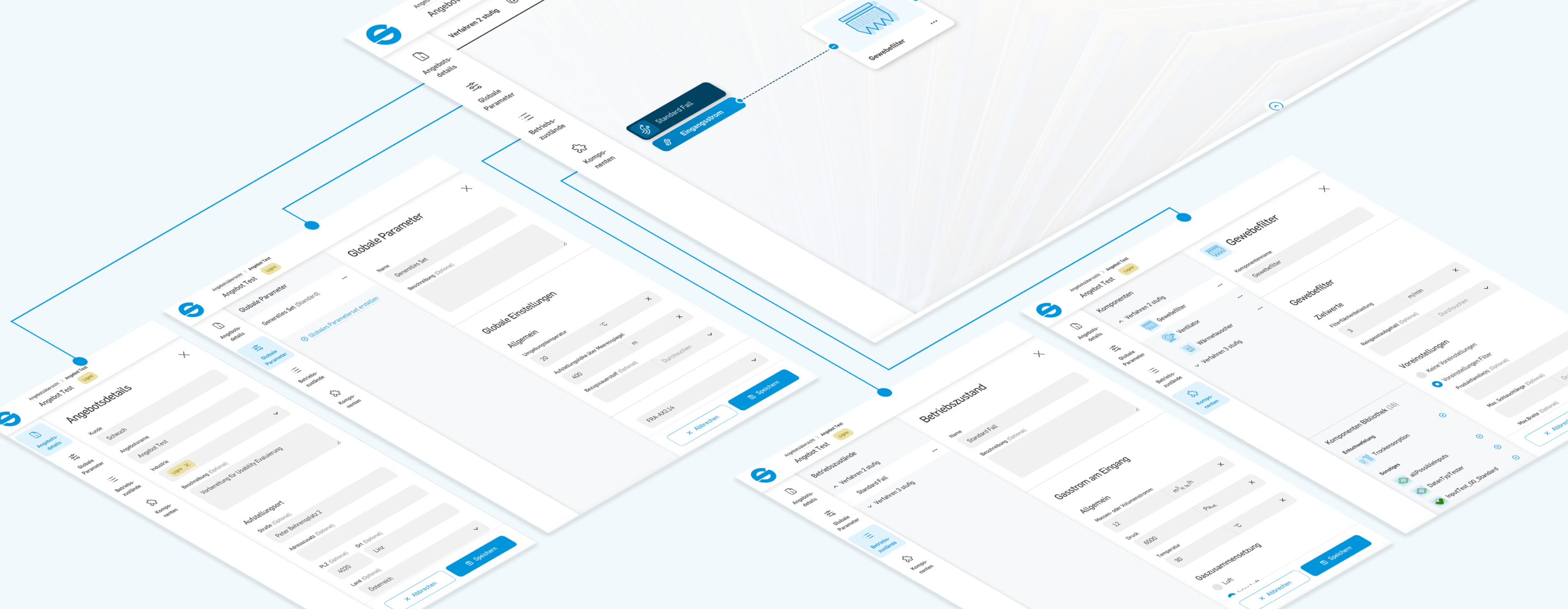 Benutzeroberfläche mit Prozessfluss-Diagramm aus Komponenten und Datenströmen zur Filter- und Systemkonfiguration.