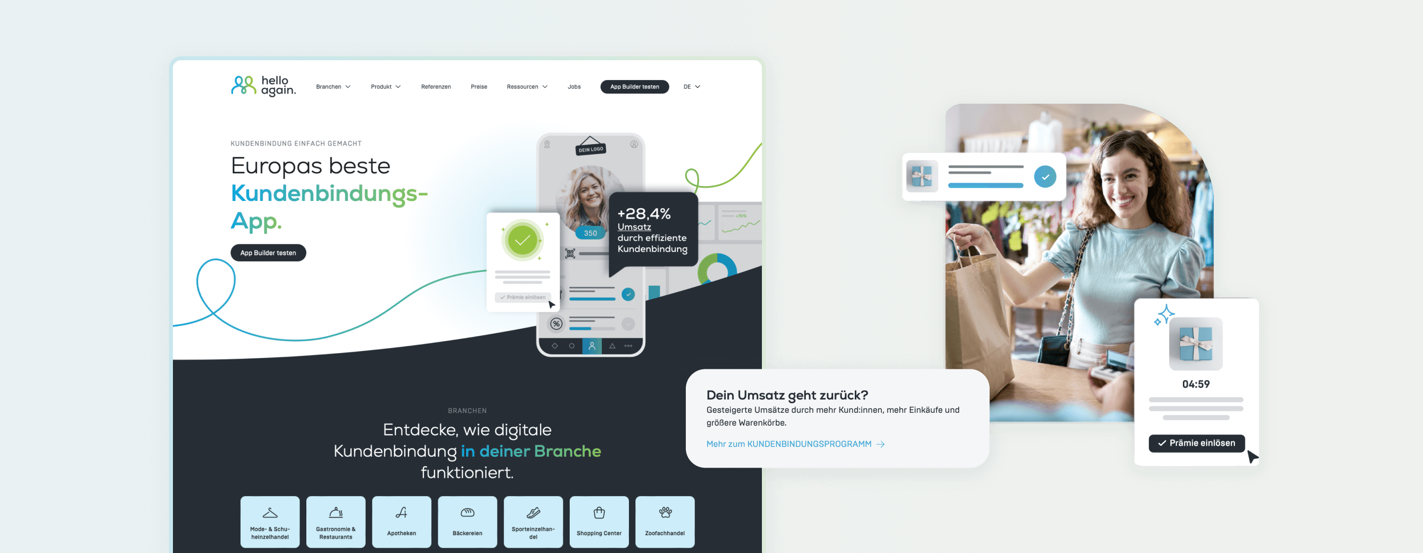 Mockup der hello again Website mit Fokus auf Kundenbindungs-App und einer Kundin beim Einlösen einer Prämie im Geschäft.