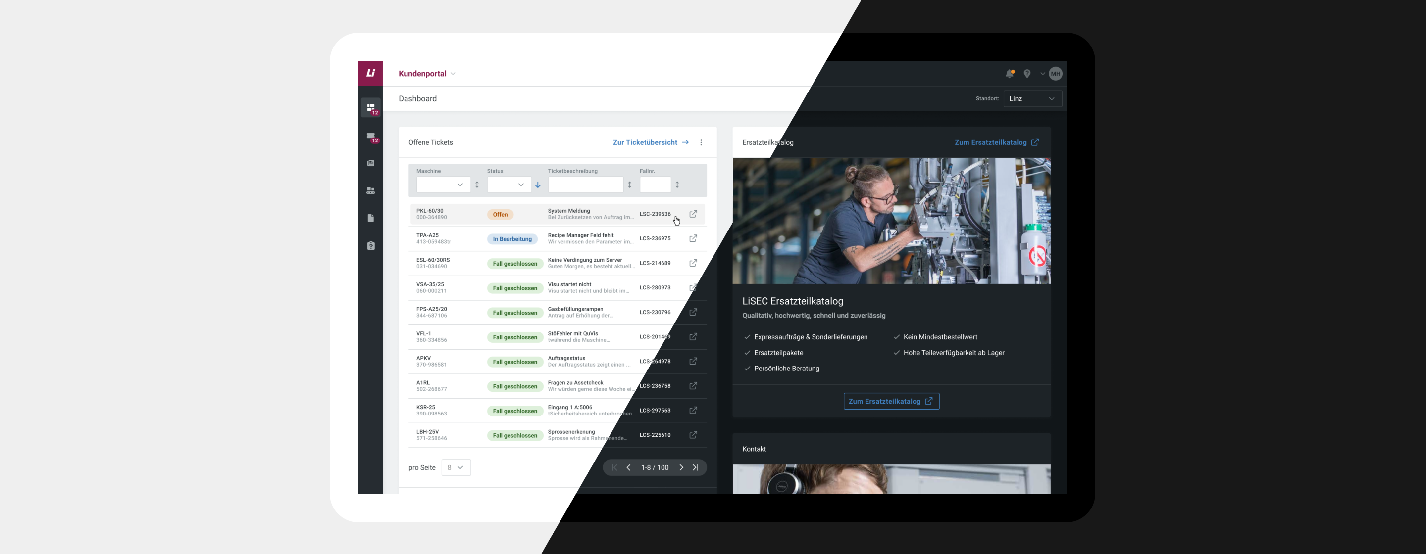 Eine geteilte Bildschirmdarstellung (Split-Screen) mit Light und Dark Mode des digitalen Kundenportals von LiSEC.