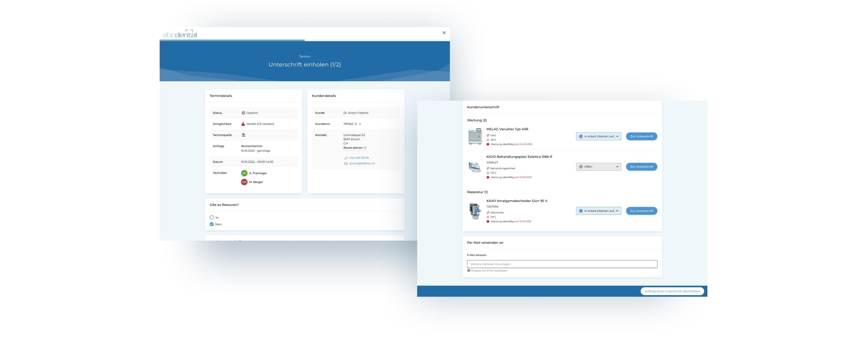Zwei Ansichten der Terminstrecke, angezeigt wird der Schritt "Unterschrift einholen (1/2)".
