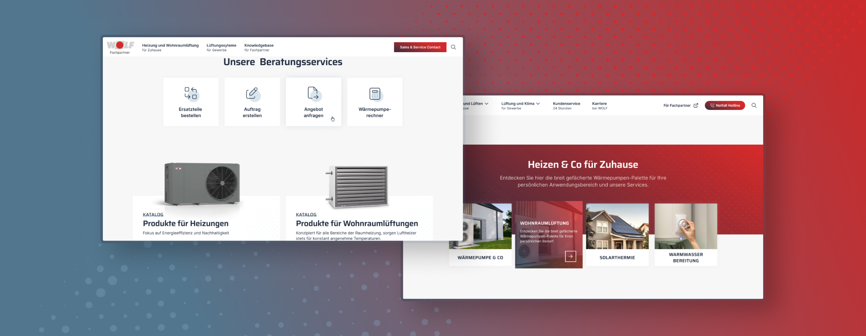 Zwei Screenshots der Wolf Website vor einem roten und blauen Hintergrund, die Service- und Produktseiten darstellen.