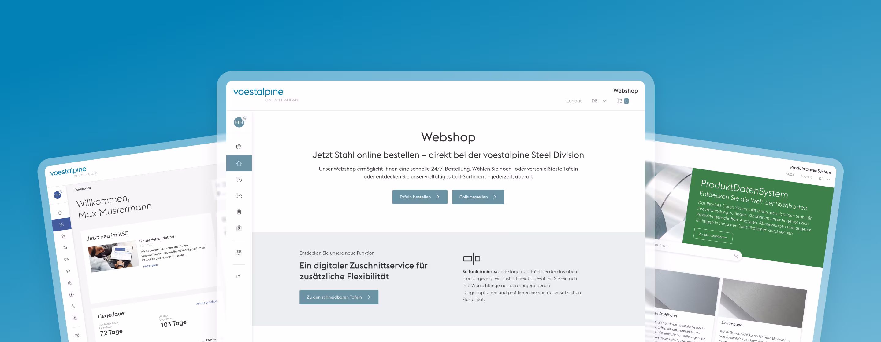 Three overlapping website screens displaying a web shop, a user dashboard and product details against a blue gradient background.