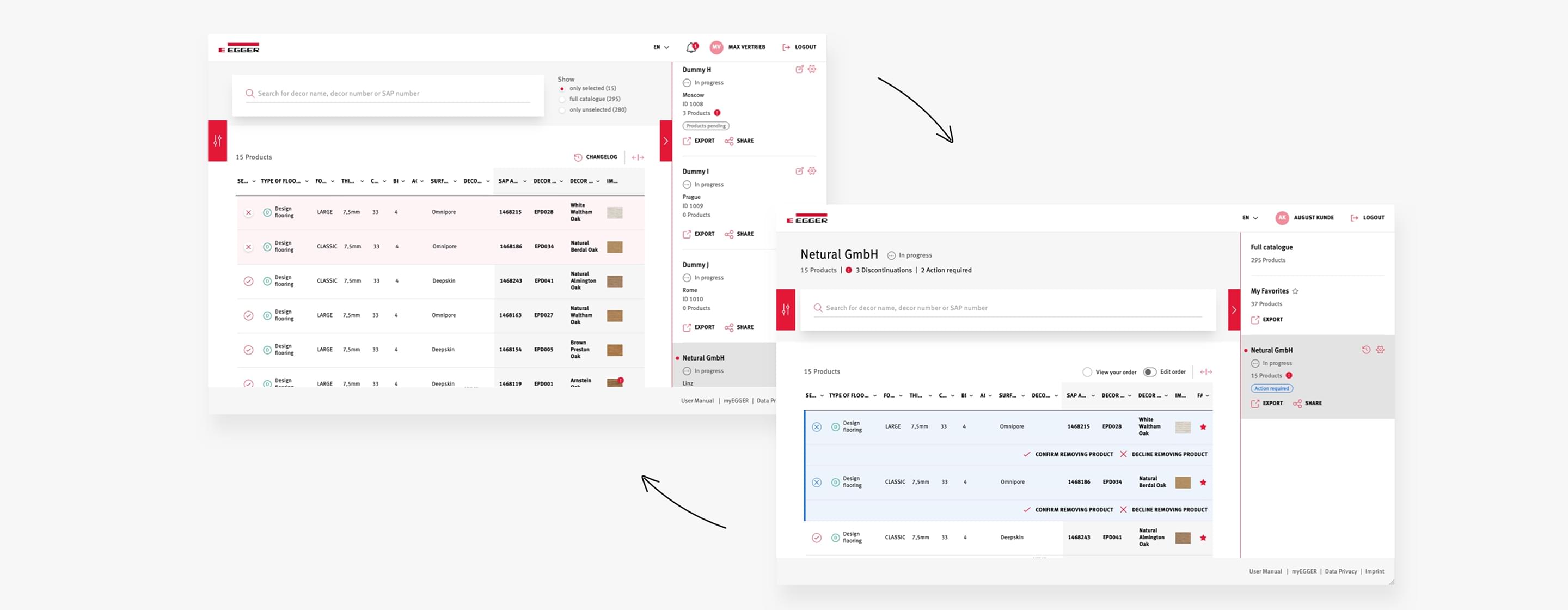 EGGER Plattform zur Kollektionsverwaltung mit Listenansicht, Katalogfilter, Exportfunktion und Bearbeitungsoptionen.