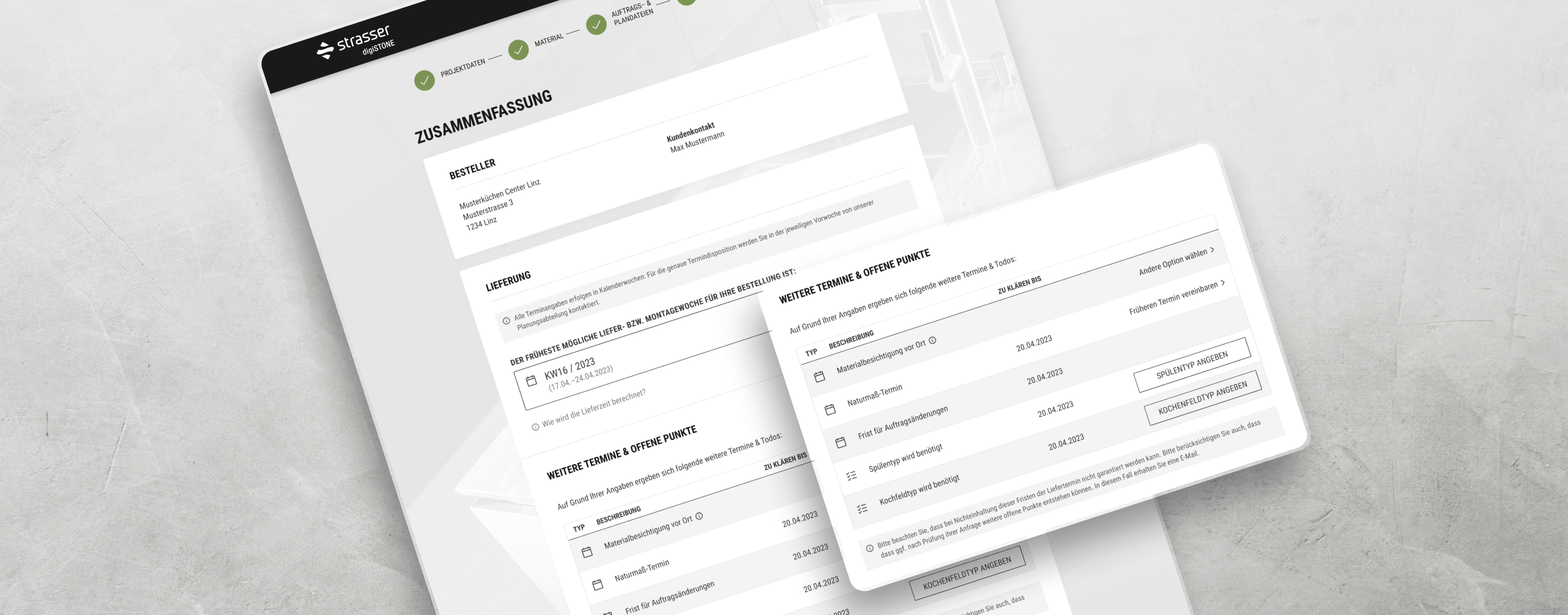 Zusammenfassungsansicht der Strasser digiSTONE-Software mit Bestelldaten, Lieferzeitraum und offenen To-dos für Küchenplanung.