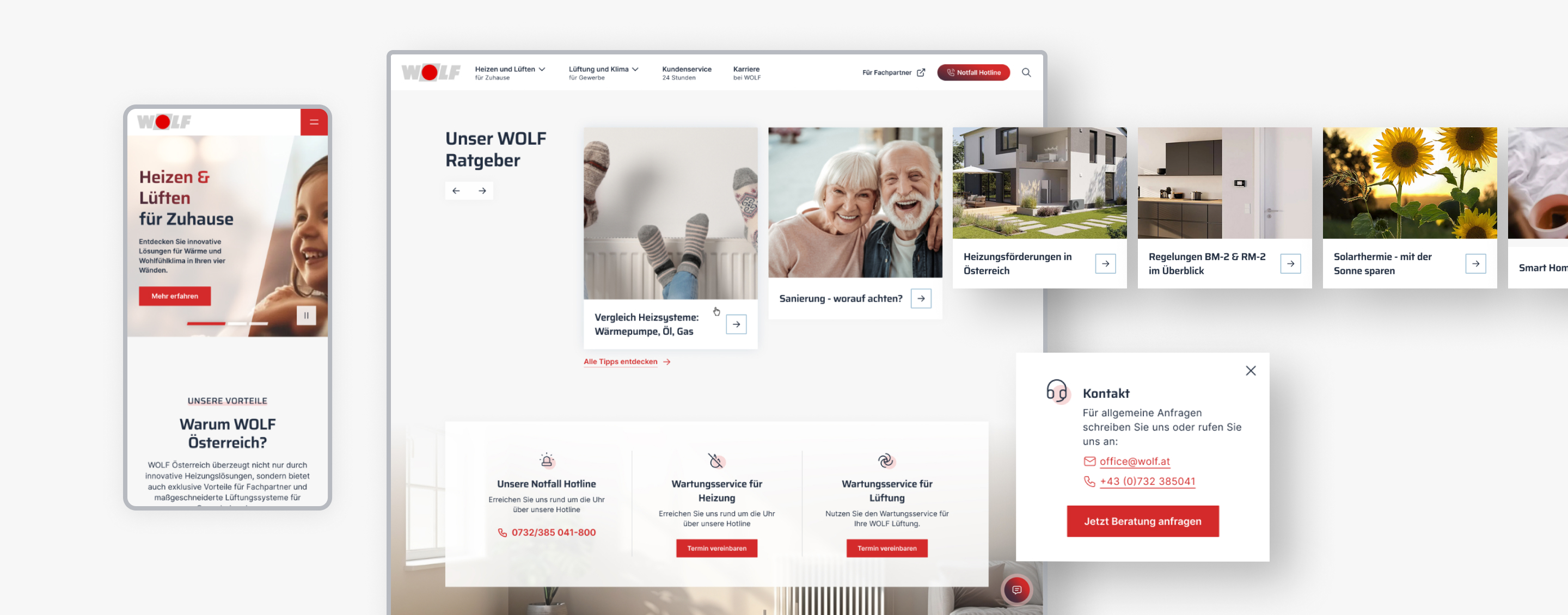 Zwei Screenshots der Wolf Website und ein mobiler Screenshot, auf dem die Startseite des Ratgebers und die Kontaktfunktion zu sehen sind.
