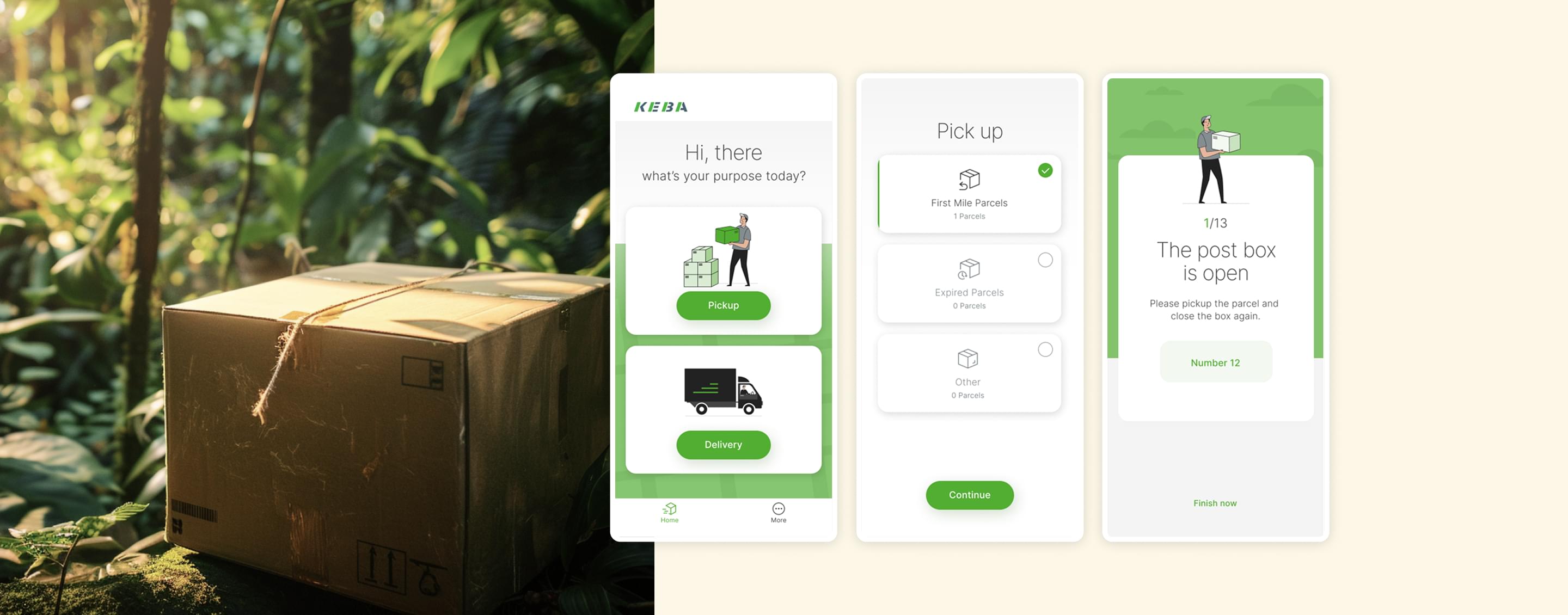 Ein Paket steht in der Natur, daneben sind drei App-Screens zum Ablauf der Paketabholung.