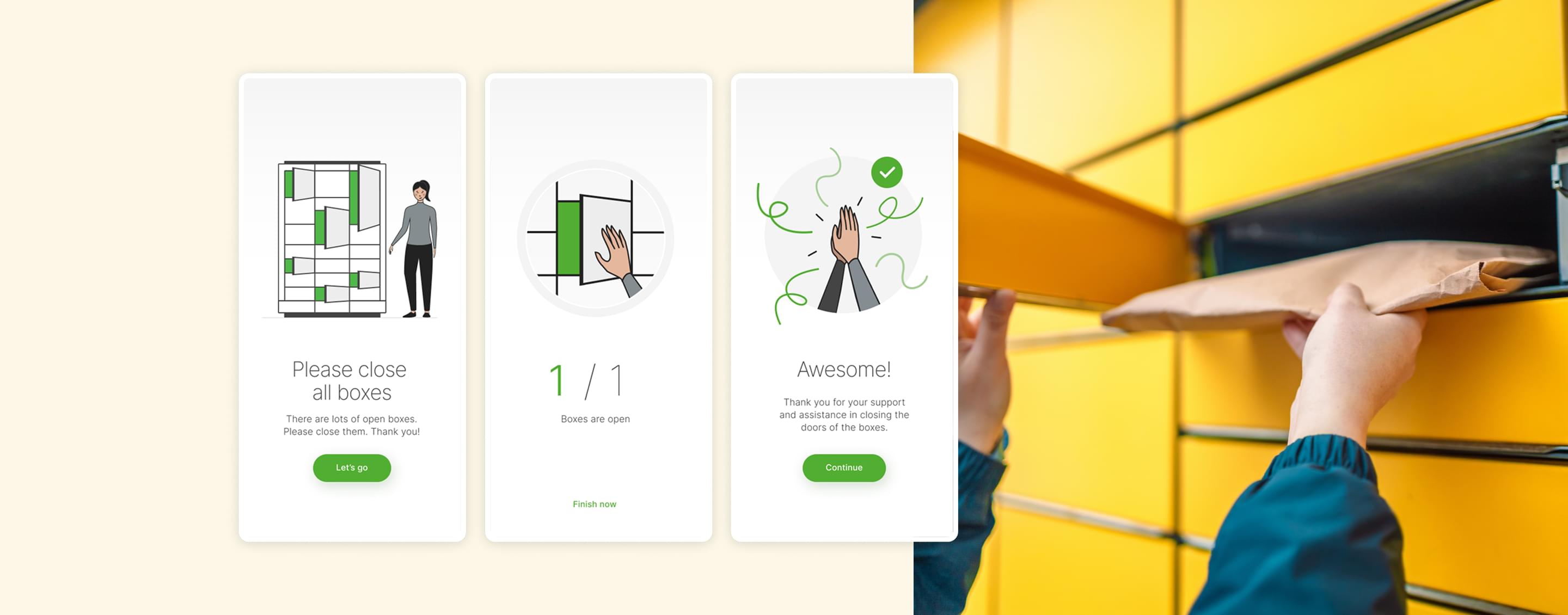 Drei Bildschirme der Postbox-App zeigen den Prozess des Schließens von Fächern. Daneben wird ein Paket in eine gelbe Postbox gelegt.