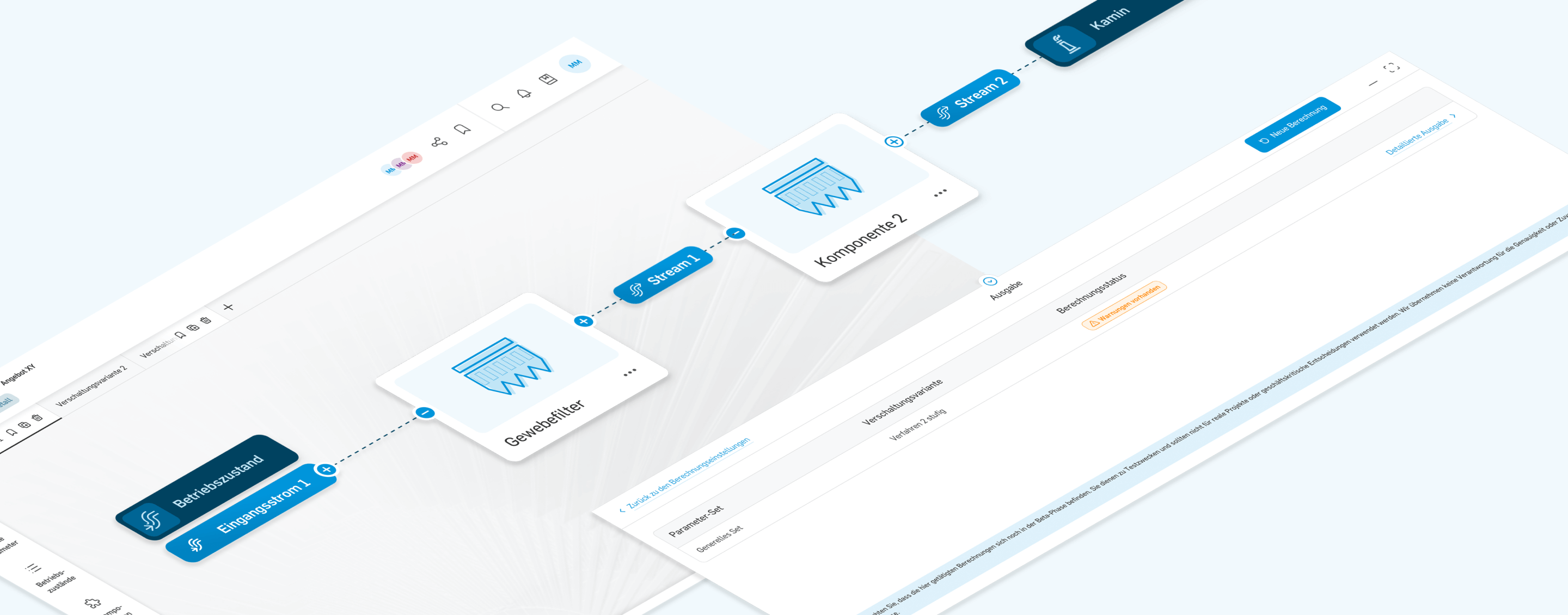 Benutzeroberfläche mit Prozessfluss-Diagramm aus Komponenten und Datenströmen zur Filter- und Systemkonfiguration.