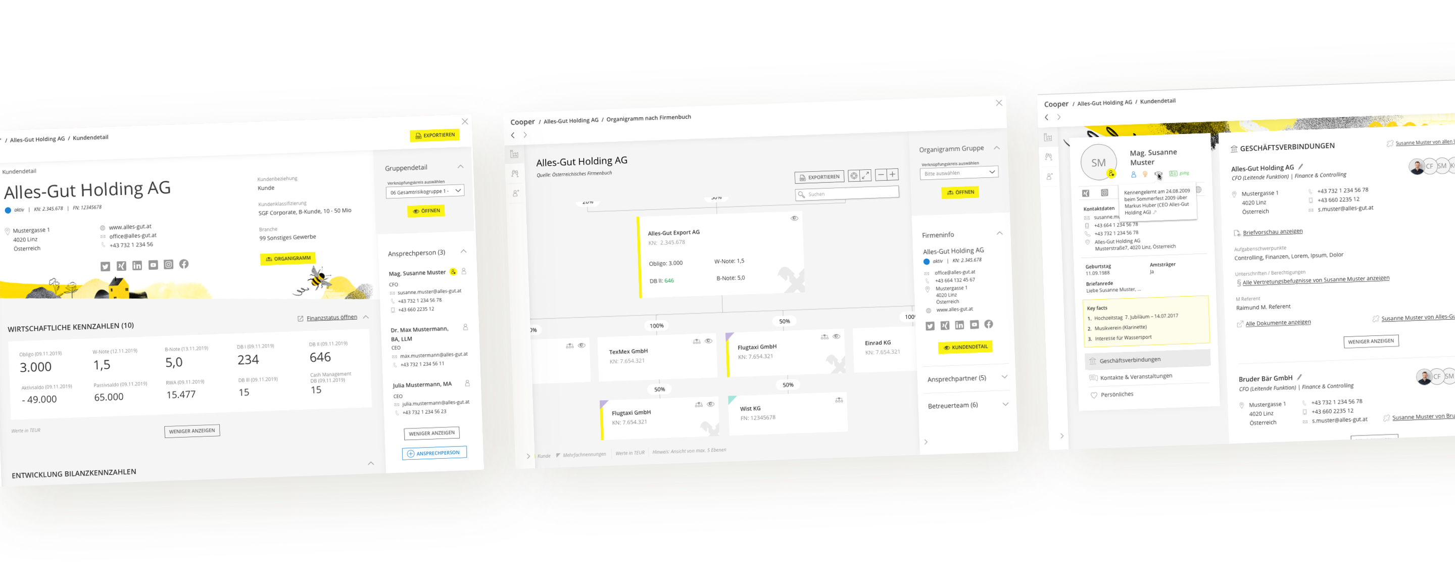 Drei Screens mit jeweils dem Kundendetail, dem Organigramm der Organisationsstruktur und dem Ansprechpersonendetail.