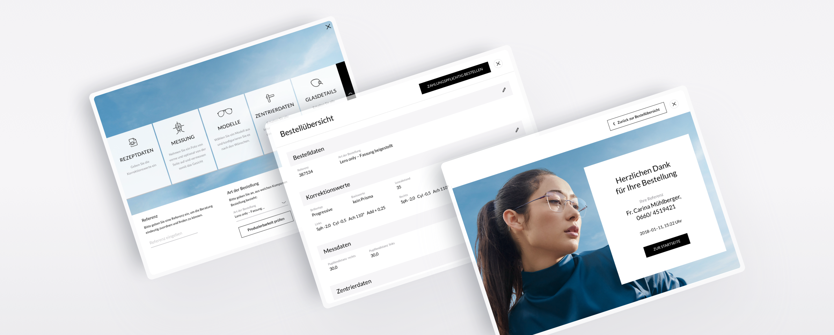Collage mit Ansichten der Vision Sensation App: Start, Bestellübersicht und Bestellabschluss.