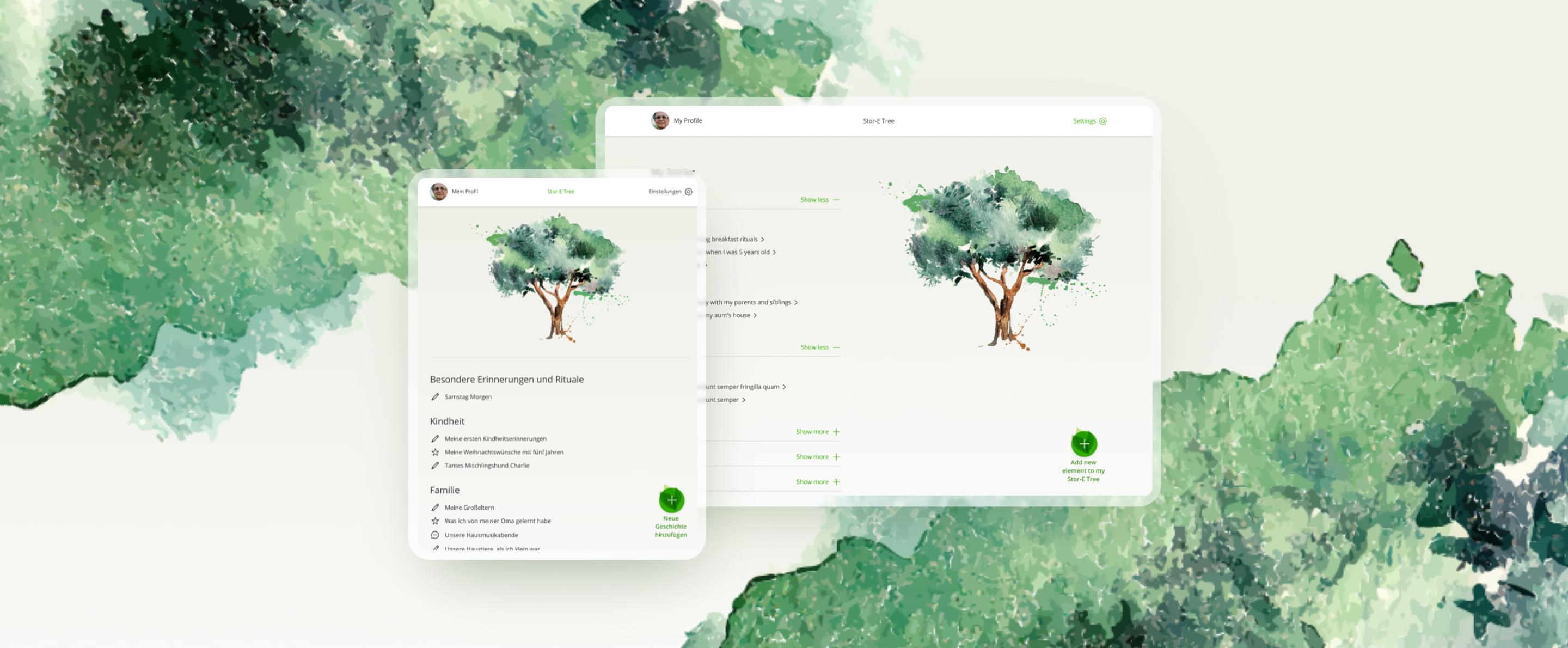 Mobile und Tablet Ansicht der E-Health-App, auf grünem Aquarell-Hintergrund.