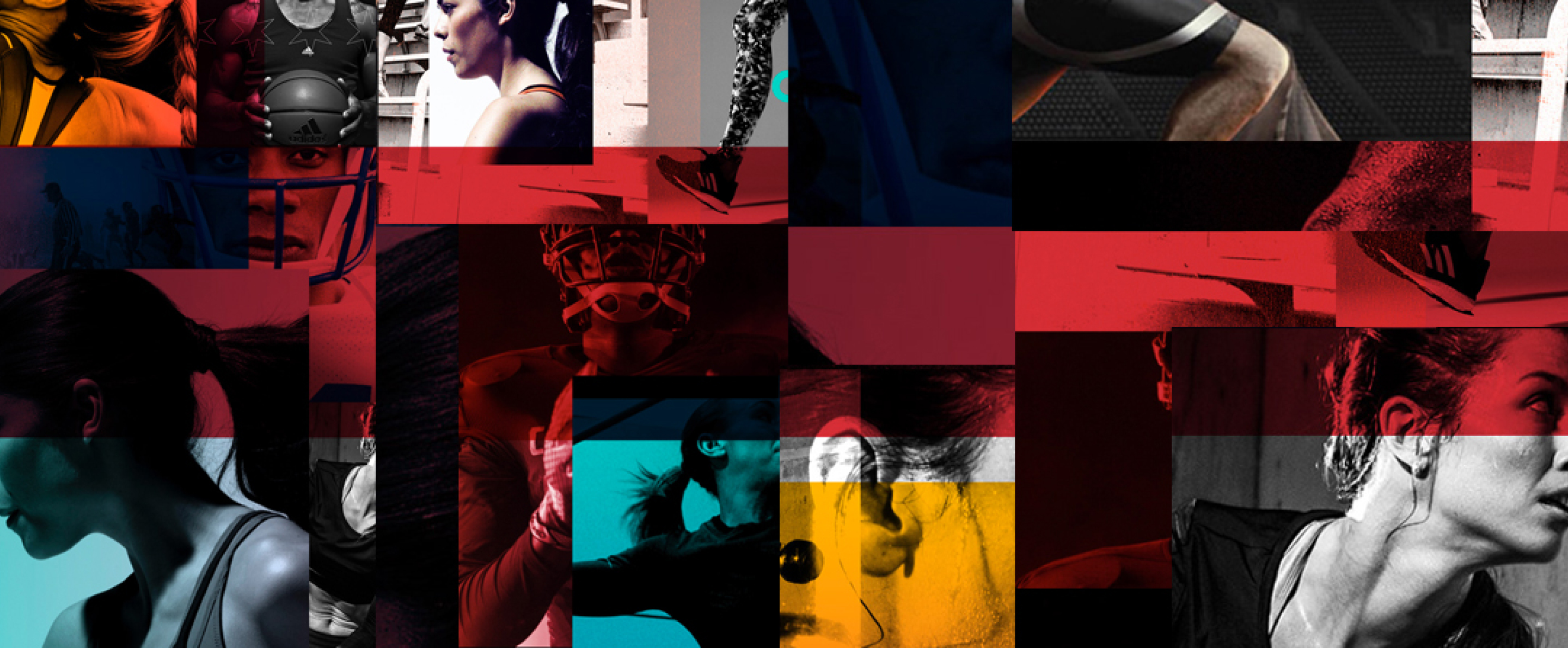 Collage aus Sportaufnahmen in Bewegung, überlagert mit roten, blauen, gelben und schwarzen Farbstreifen.