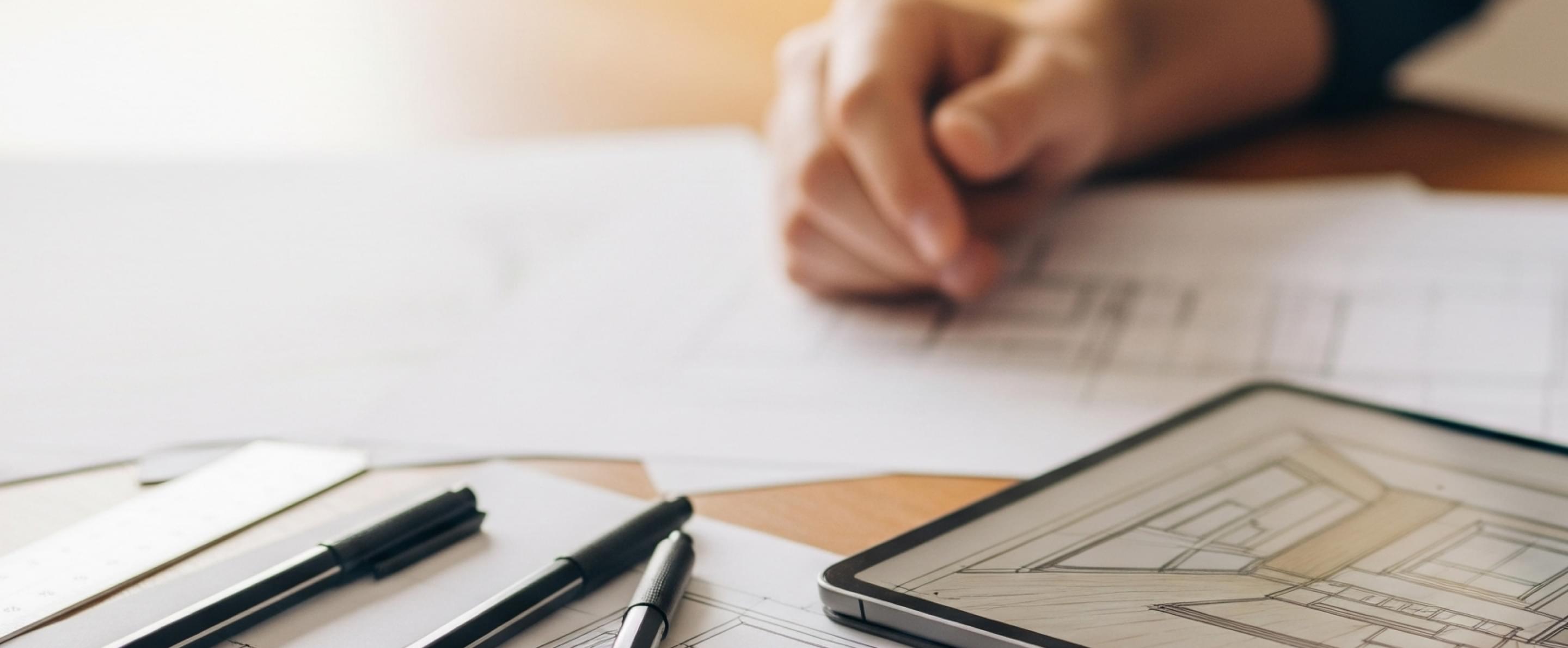 Eine Hand skizziert auf Bauplänen neben einem Tablet mit Raumplanungs-App und Stiften.