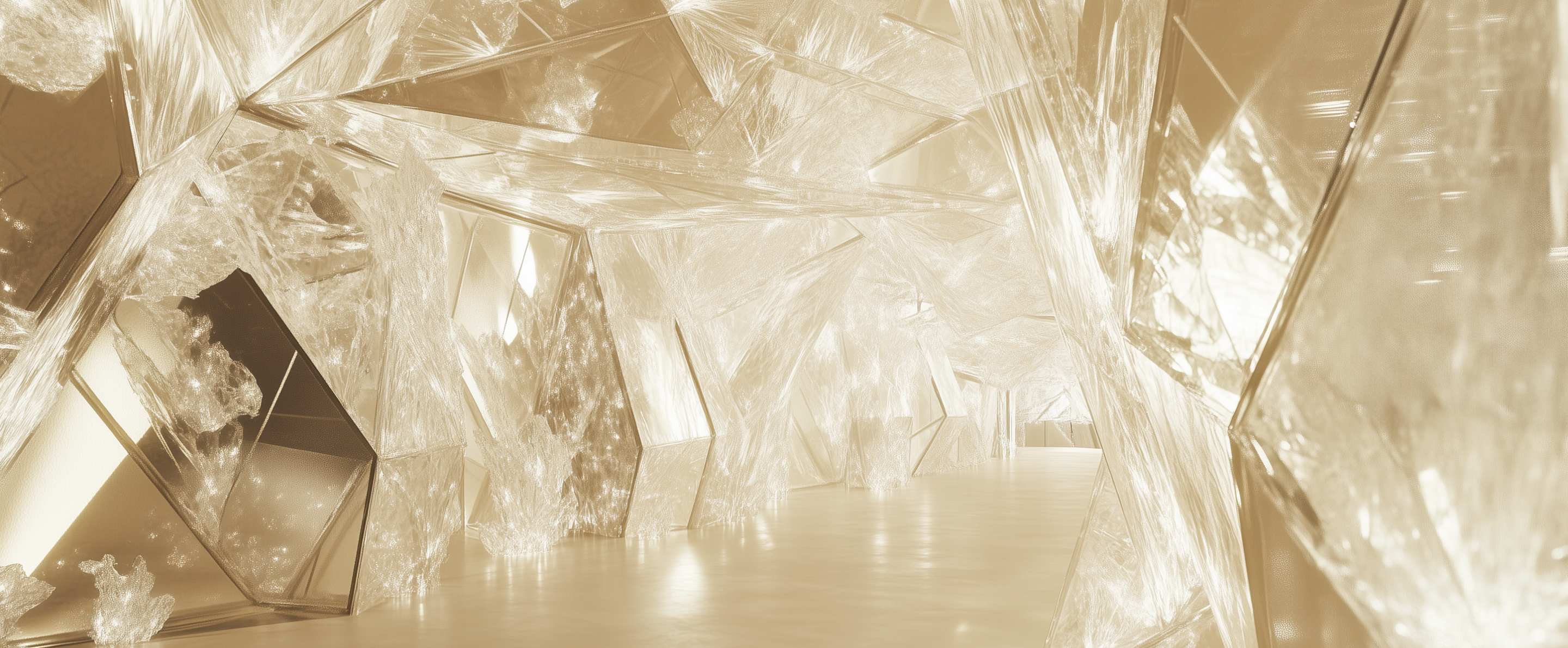 Goldschimmernder Kristallraum mit facettenreichen, spiegelnden Flächen und plastischen Strukturen in futuristischem Design.