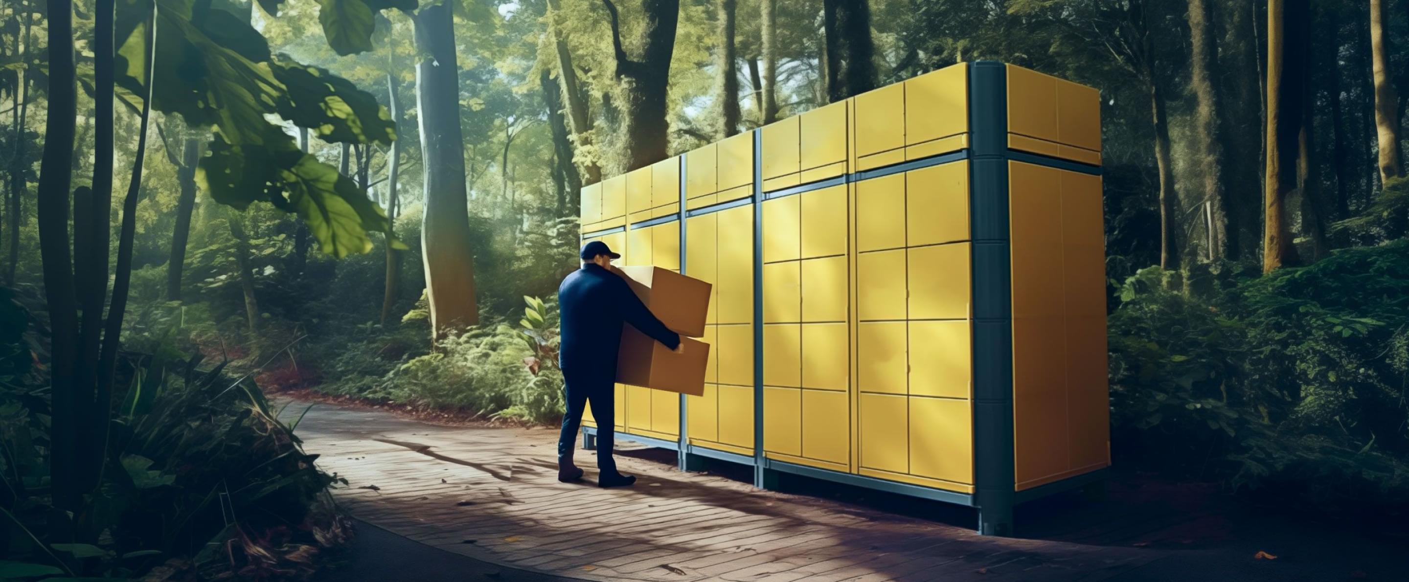 Ein Paketzusteller stellt Pakete an eine gelbe Paketstation mitten im Wald zu.
